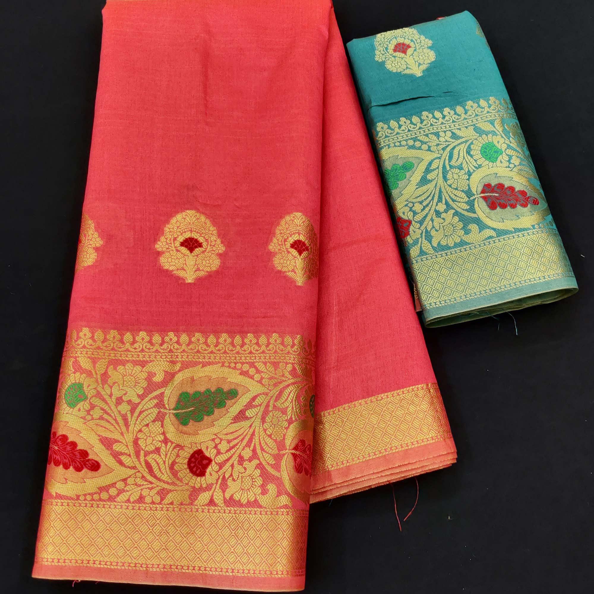 Gajari Pink Festive Wear Woven Banarasi Saree With Butta And Jacquard Border - Peachmode