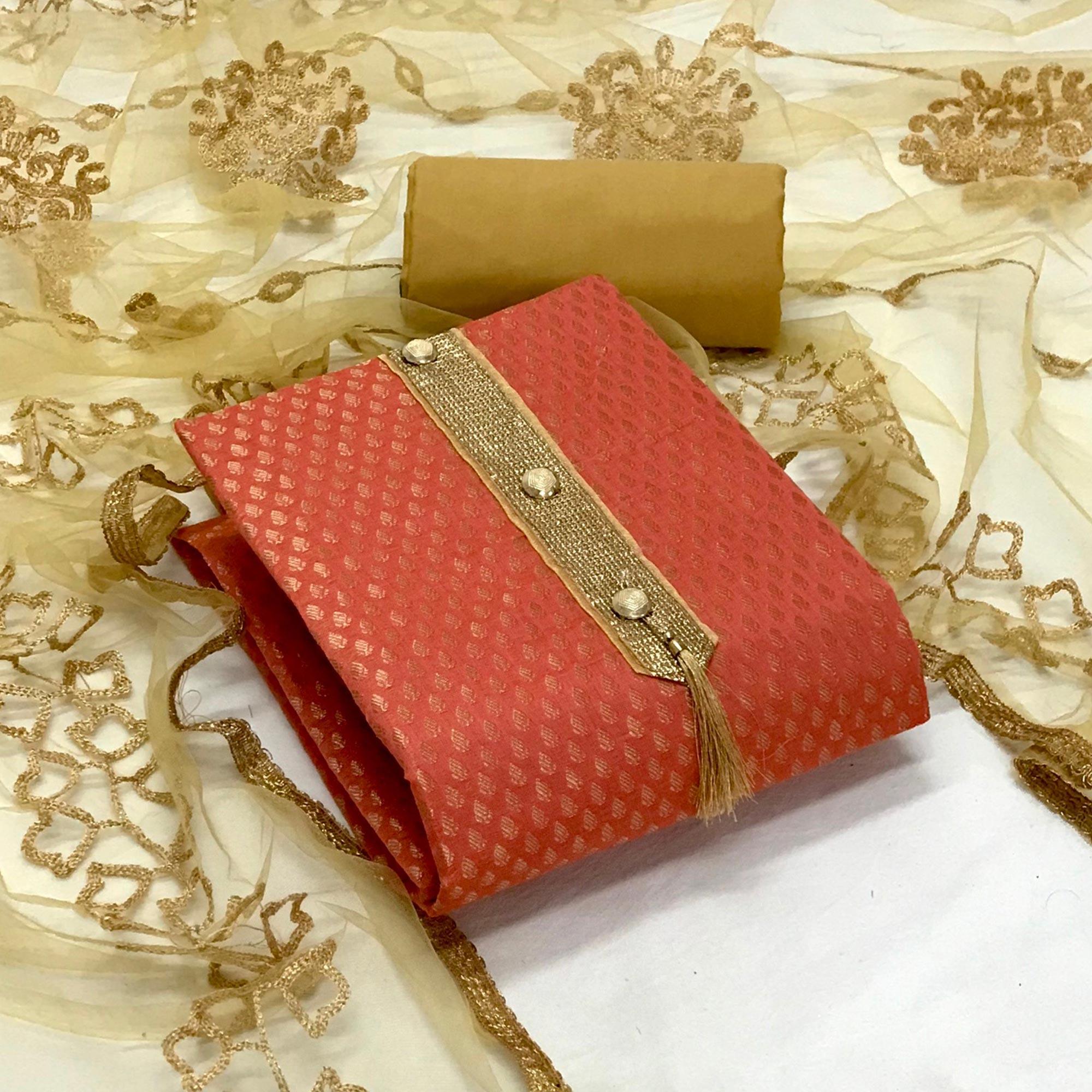 Gajari Pink Festive Wear Woven Banarasi Silk Dress Material - Peachmode