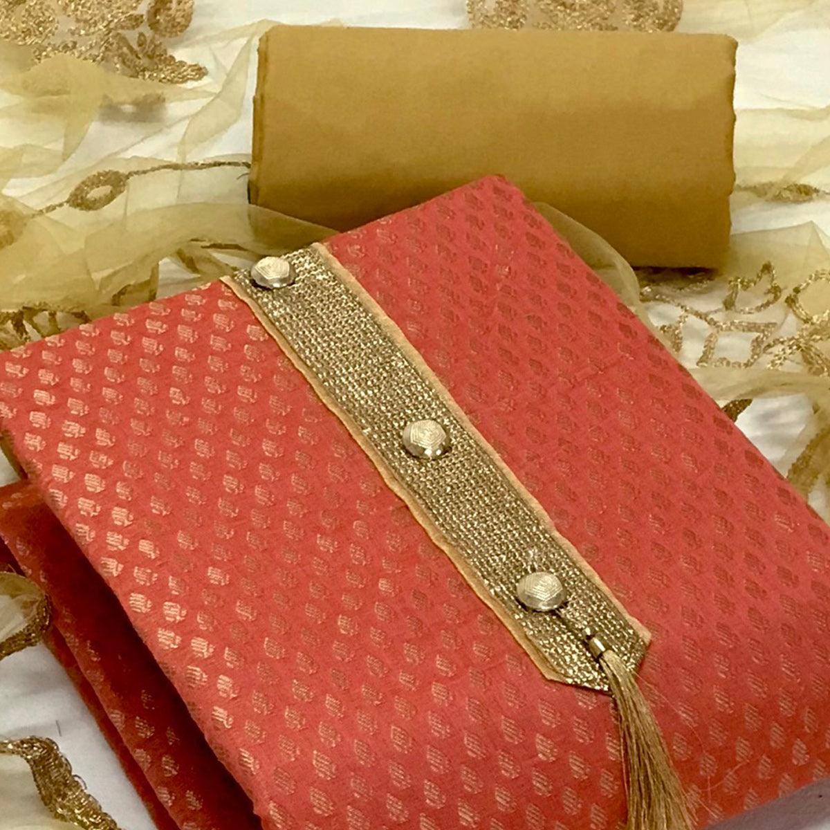 Gajari Pink Festive Wear Woven Banarasi Silk Dress Material - Peachmode