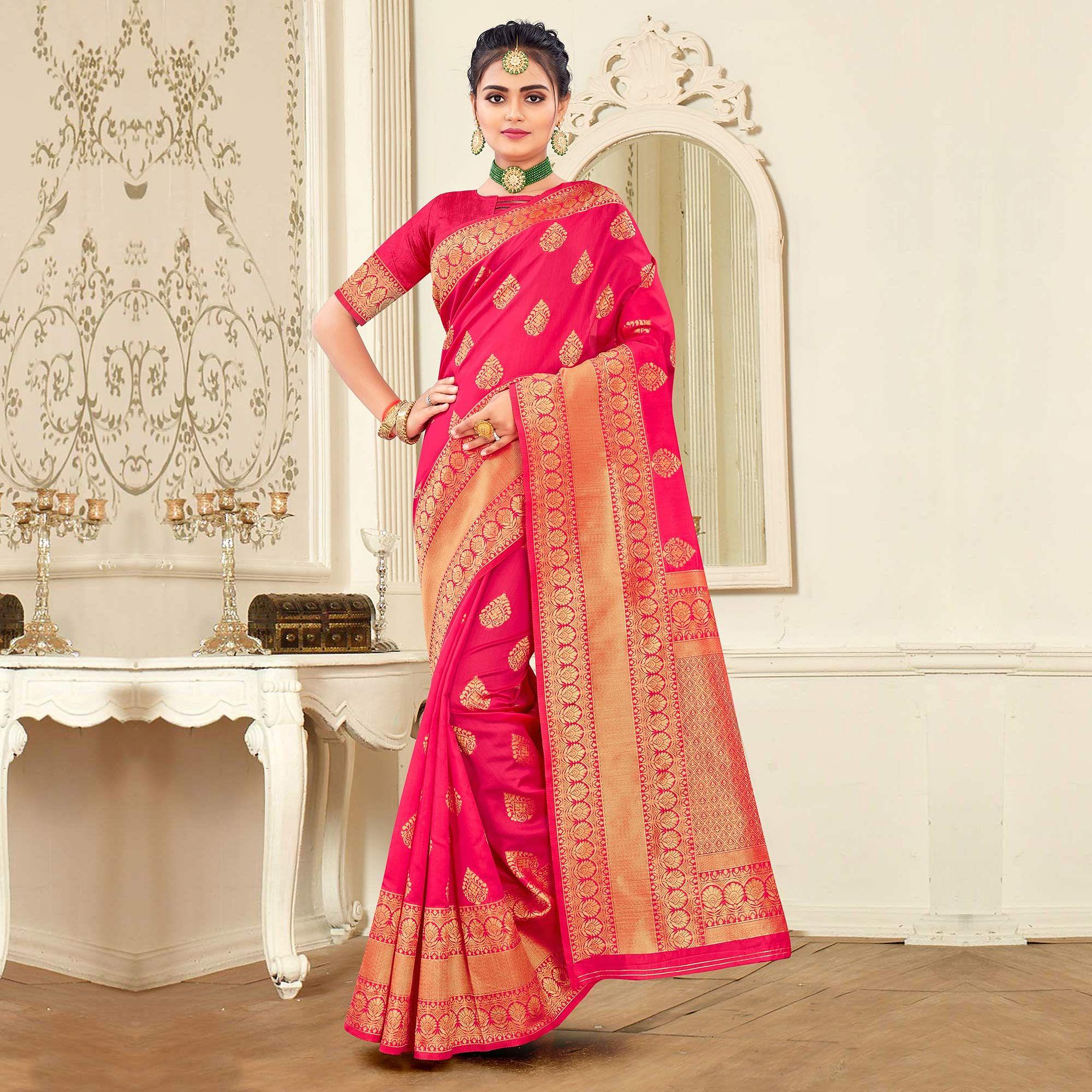 Gajari Pink Festive Wear Woven Banarasi Silk Saree - Peachmode