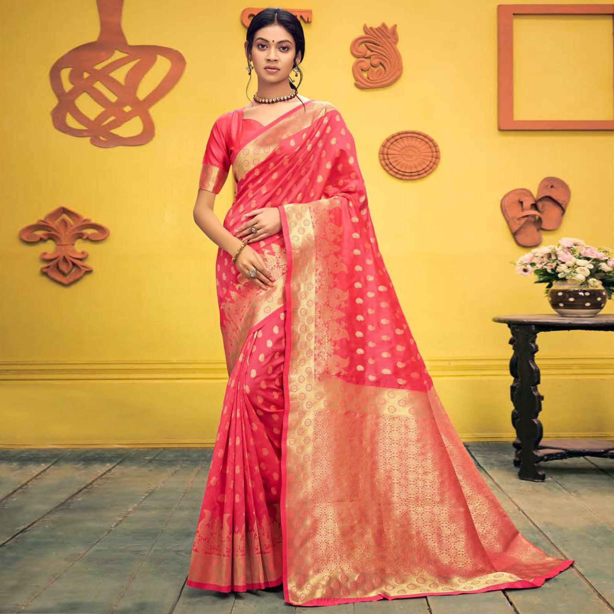 Gajari Pink Festive Wear Woven Banarasi Silk Saree - Peachmode