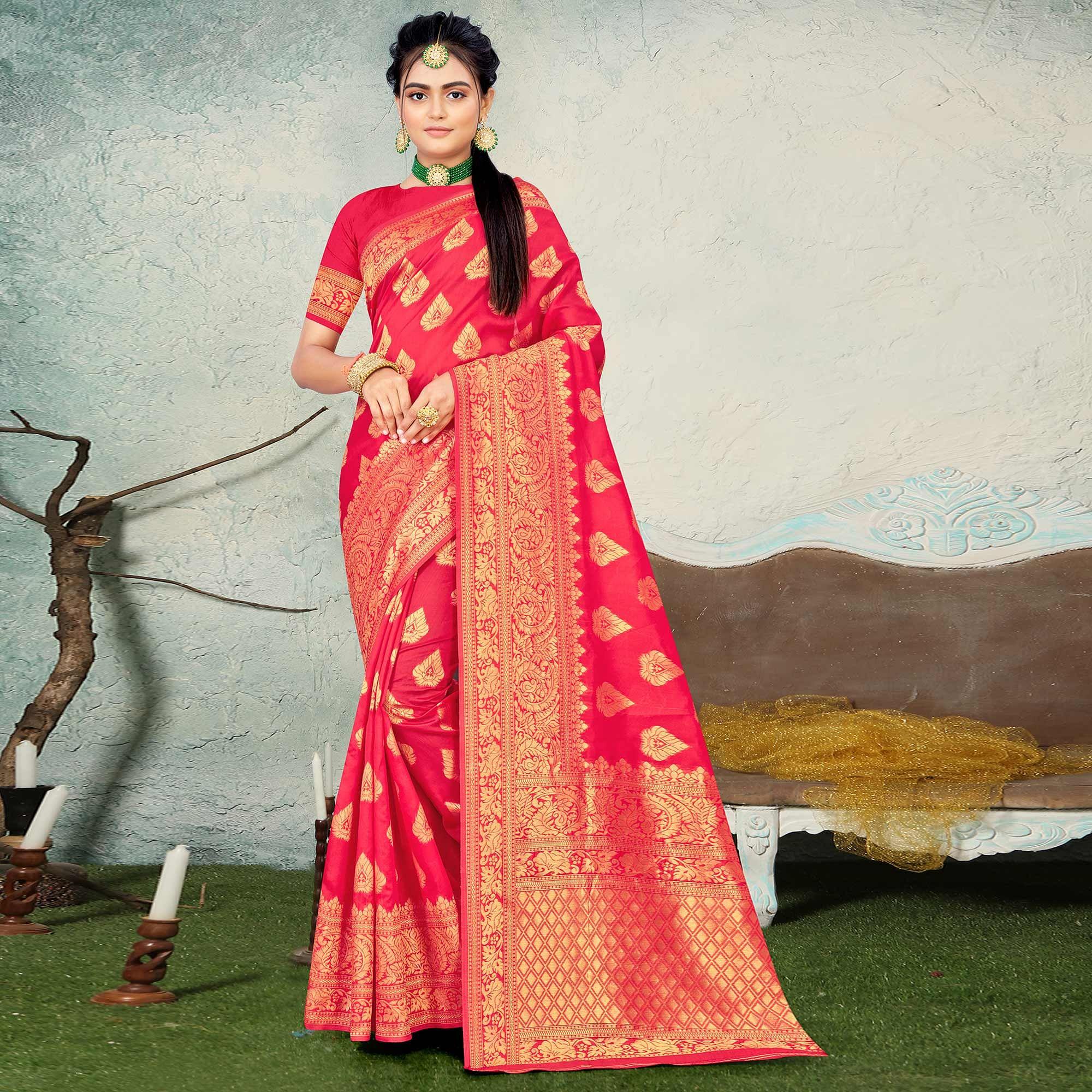 Gajari Pink Festive Wear Woven Banarasi Silk Saree - Peachmode