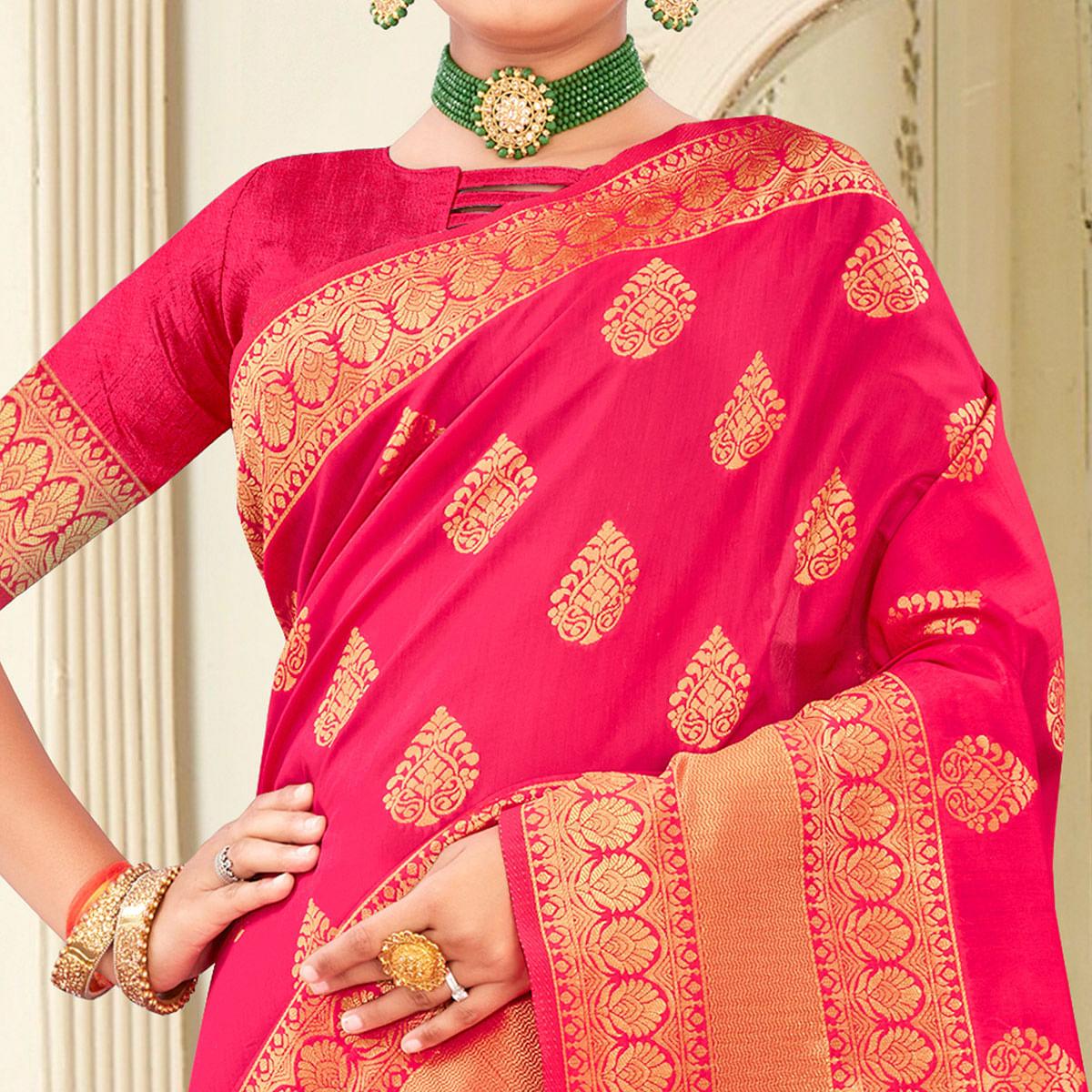 Gajari Pink Festive Wear Woven Banarasi Silk Saree - Peachmode