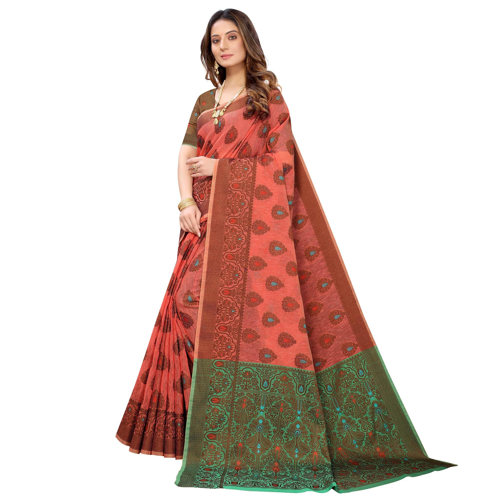 Gajari Pink Festive Wear Woven With Meena Butta Rich Pallu Cotton Saree - Peachmode