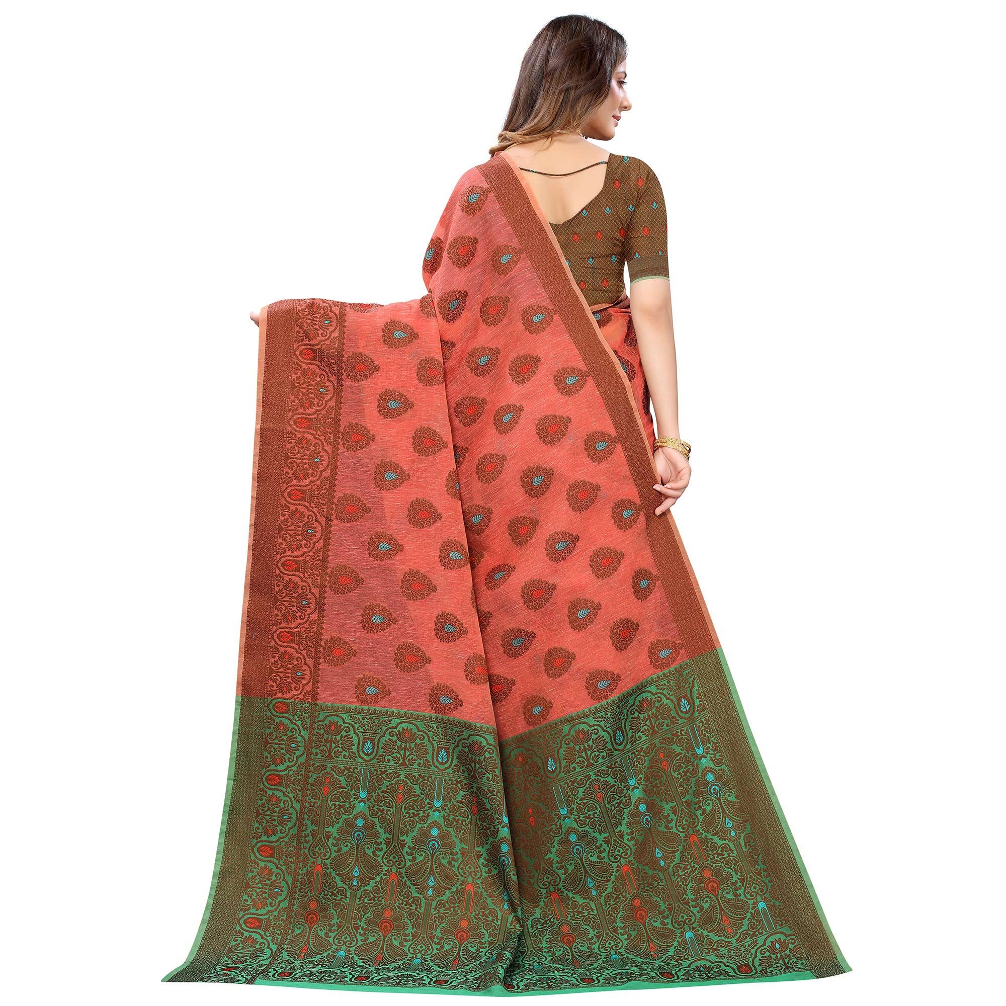 Gajari Pink Festive Wear Woven With Meena Butta Rich Pallu Cotton Saree - Peachmode