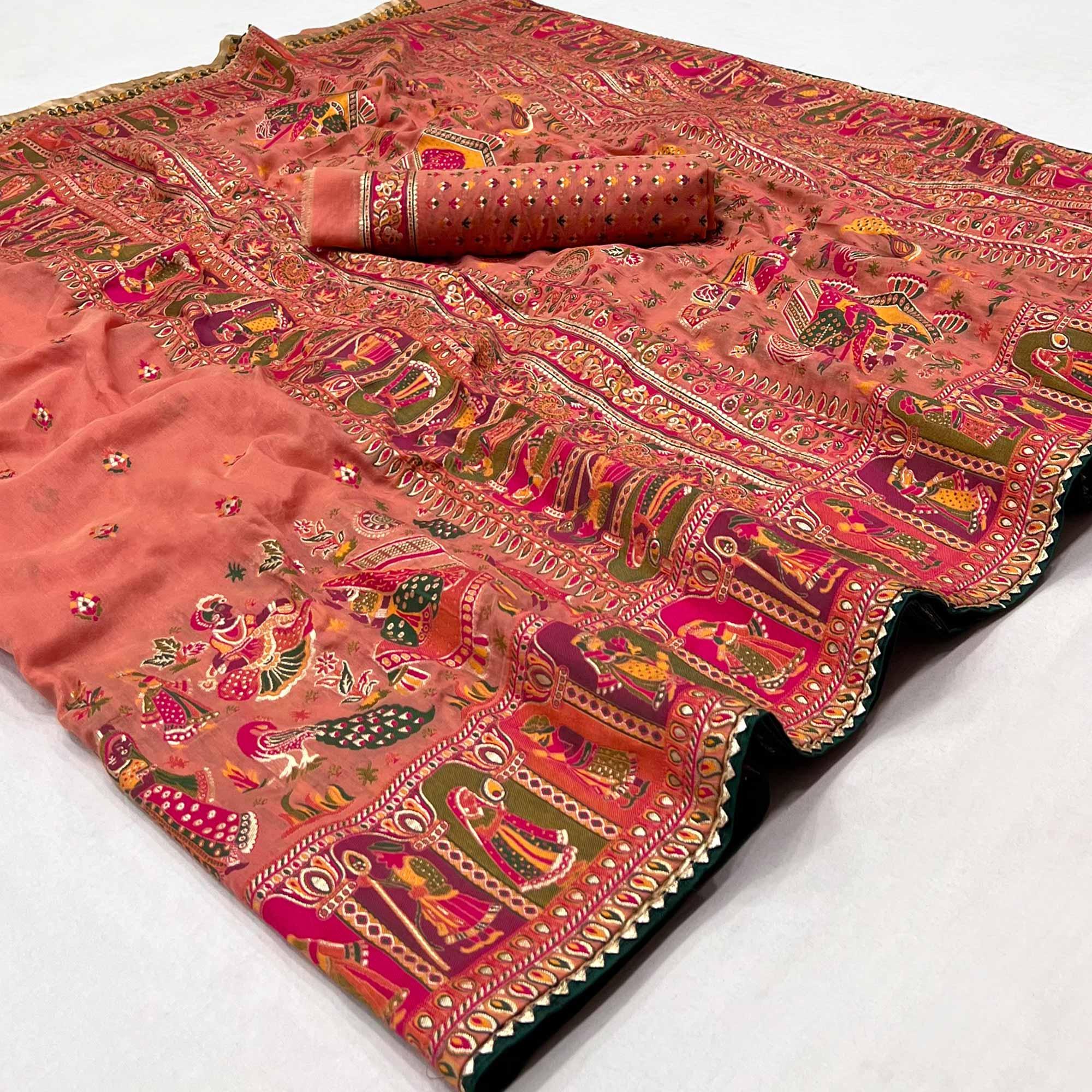 Gajari Pink Kalamkari Woven Chanderi Saree - Peachmode