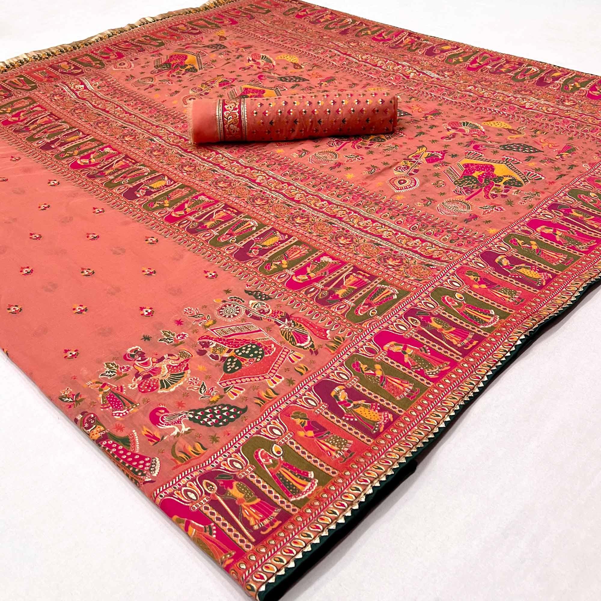 Gajari Pink Kalamkari Woven Chanderi Saree - Peachmode