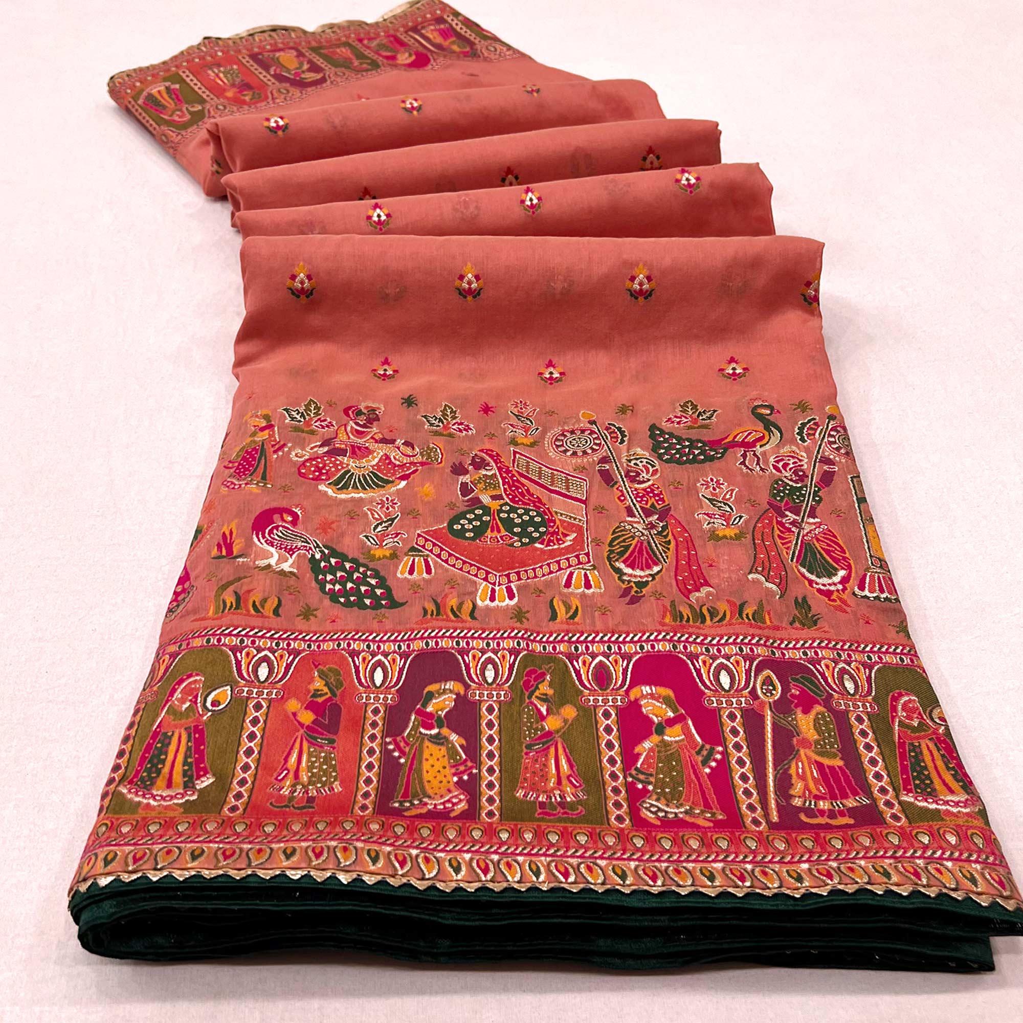 Gajari Pink Kalamkari Woven Chanderi Saree - Peachmode