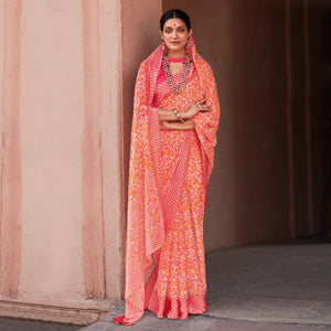 Gajari Pink Printed Chiffon Saree - Peachmode