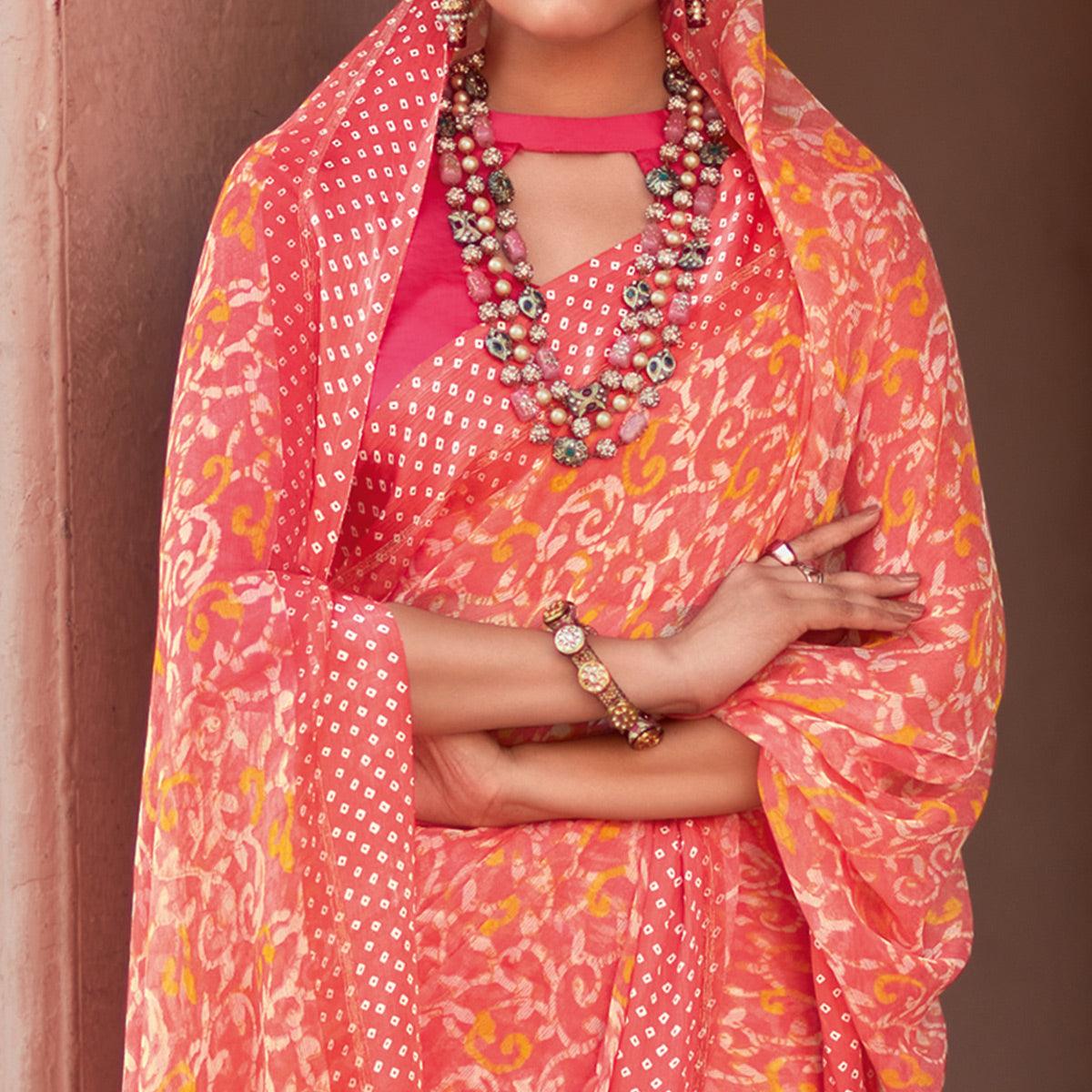 Gajari Pink Printed Chiffon Saree - Peachmode