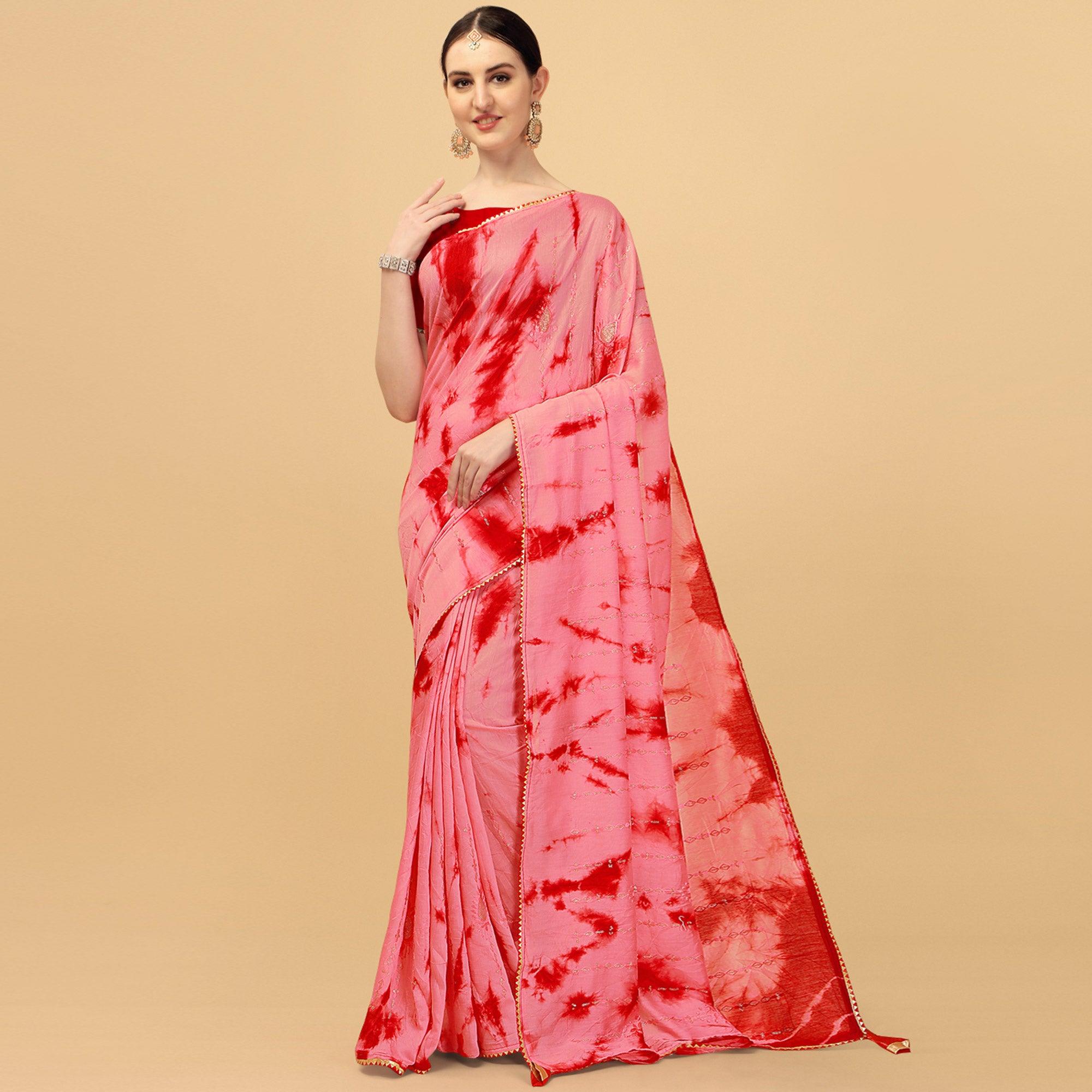 Gajari Pink Sequence Embroidered Chanderi Saree - Peachmode