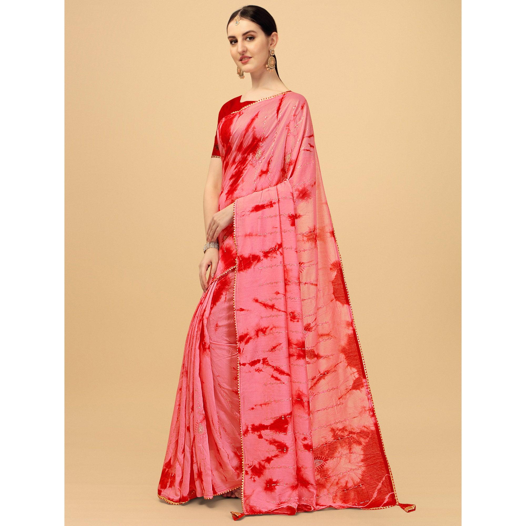 Gajari Pink Sequence Embroidered Chanderi Saree - Peachmode