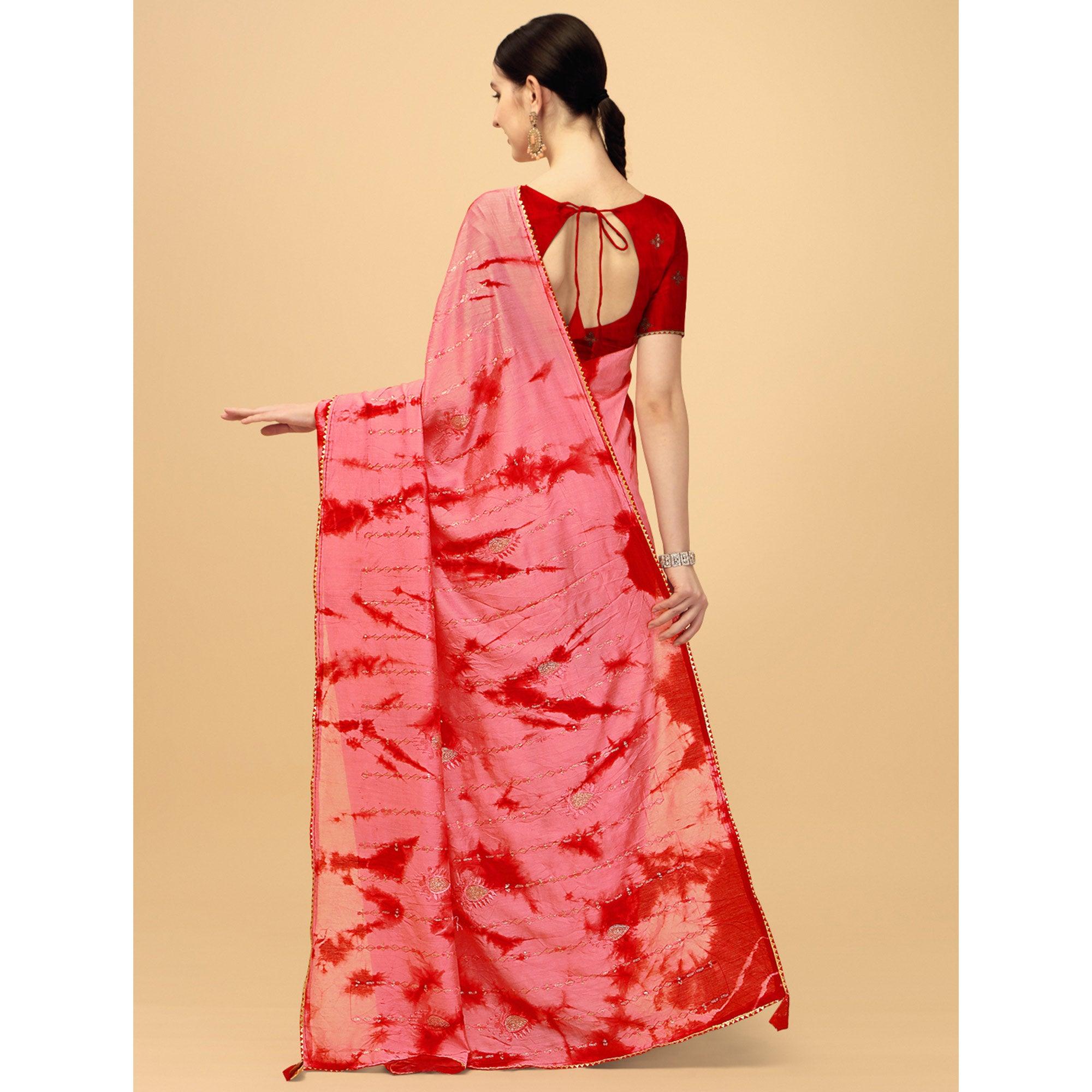 Gajari Pink Sequence Embroidered Chanderi Saree - Peachmode