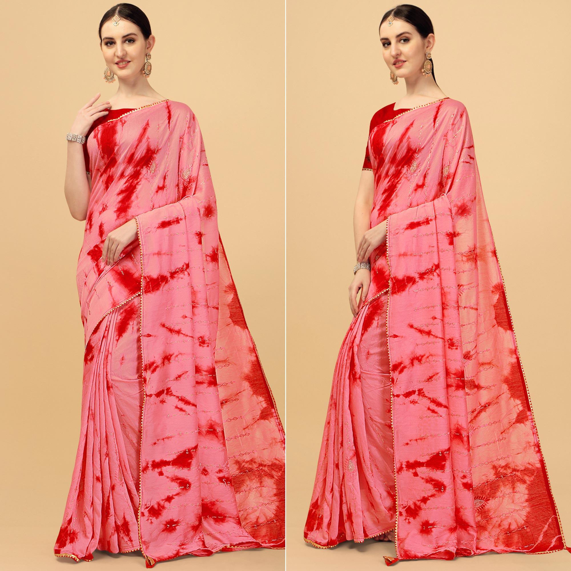 Gajari Pink Sequence Embroidered Chanderi Saree - Peachmode