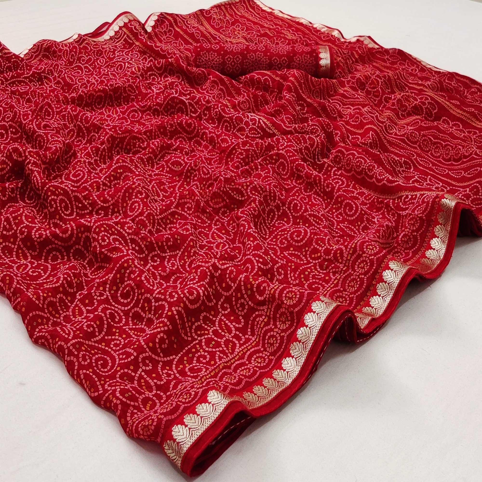 Gajari Red Casual Wear Bandhani Printed Soft Georgette Saree With Fancy Border - Peachmode