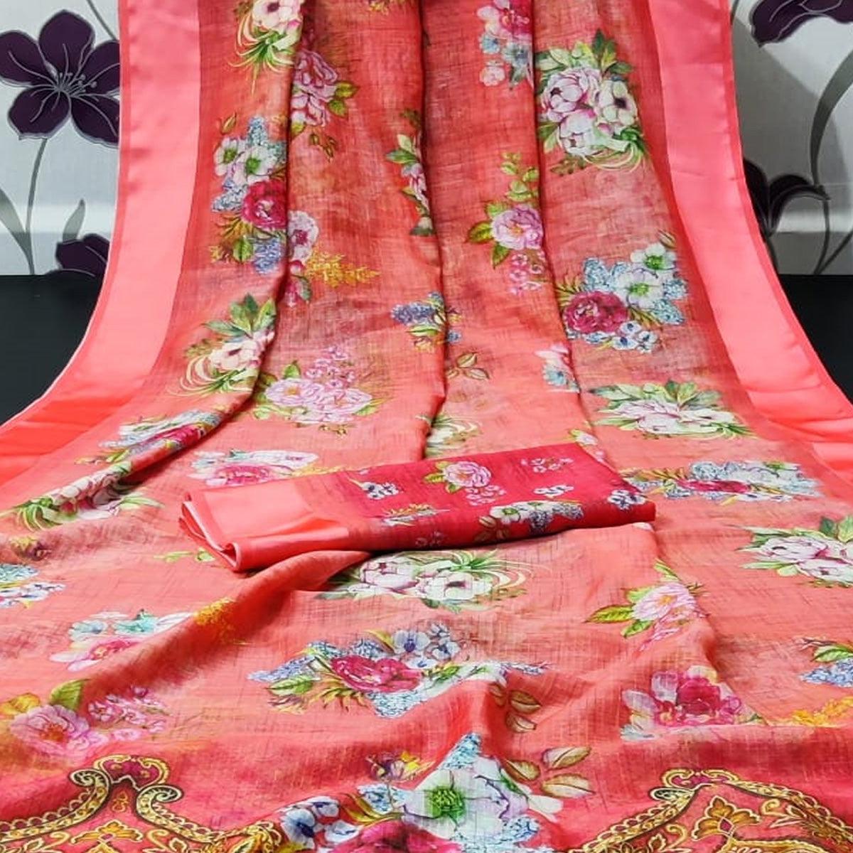 Gajari Red Casual Wear Floral Digital Printed Linen Saree With Satin Border - Peachmode