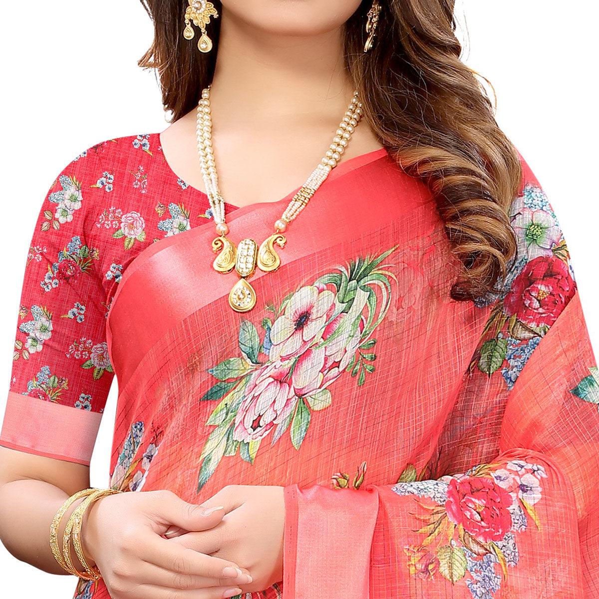 Gajari Red Casual Wear Floral Digital Printed Linen Slub saree - Peachmode