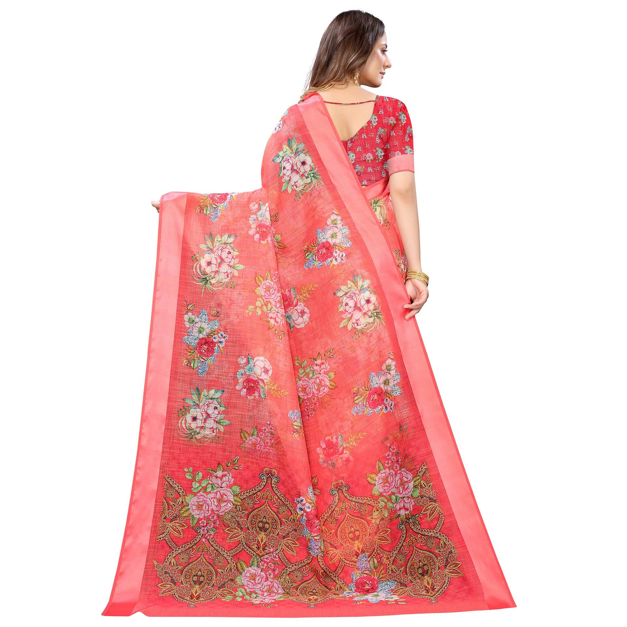 Gajari Red Casual Wear Floral Digital Printed Linen Slub saree - Peachmode