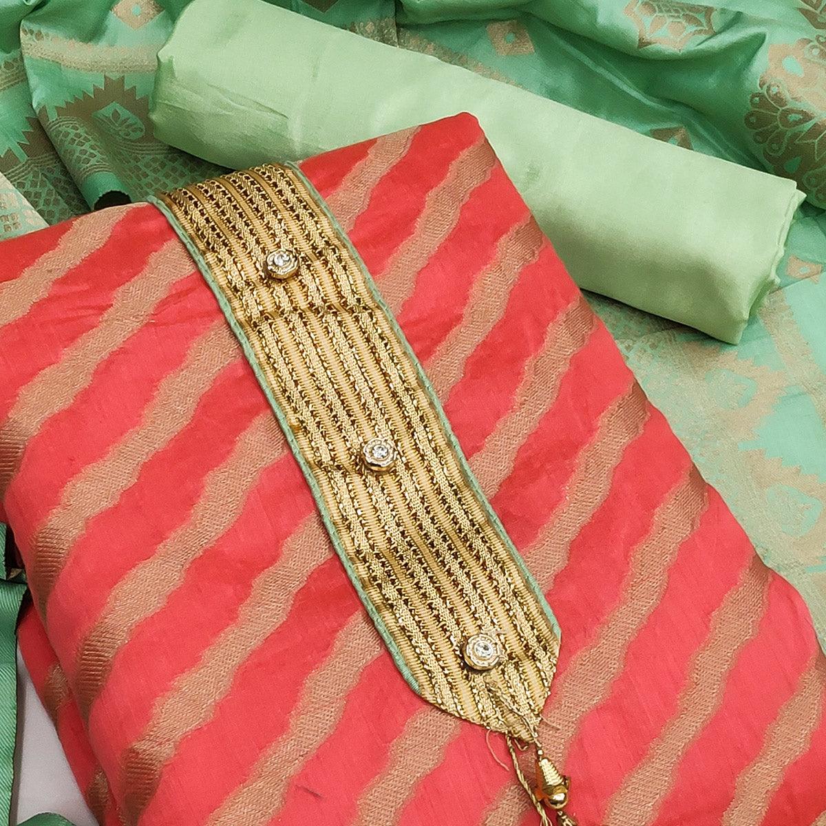 Gajari Red Festive Wear Lehriya Designer Woven Banarasi Silk Dress Material - Peachmode