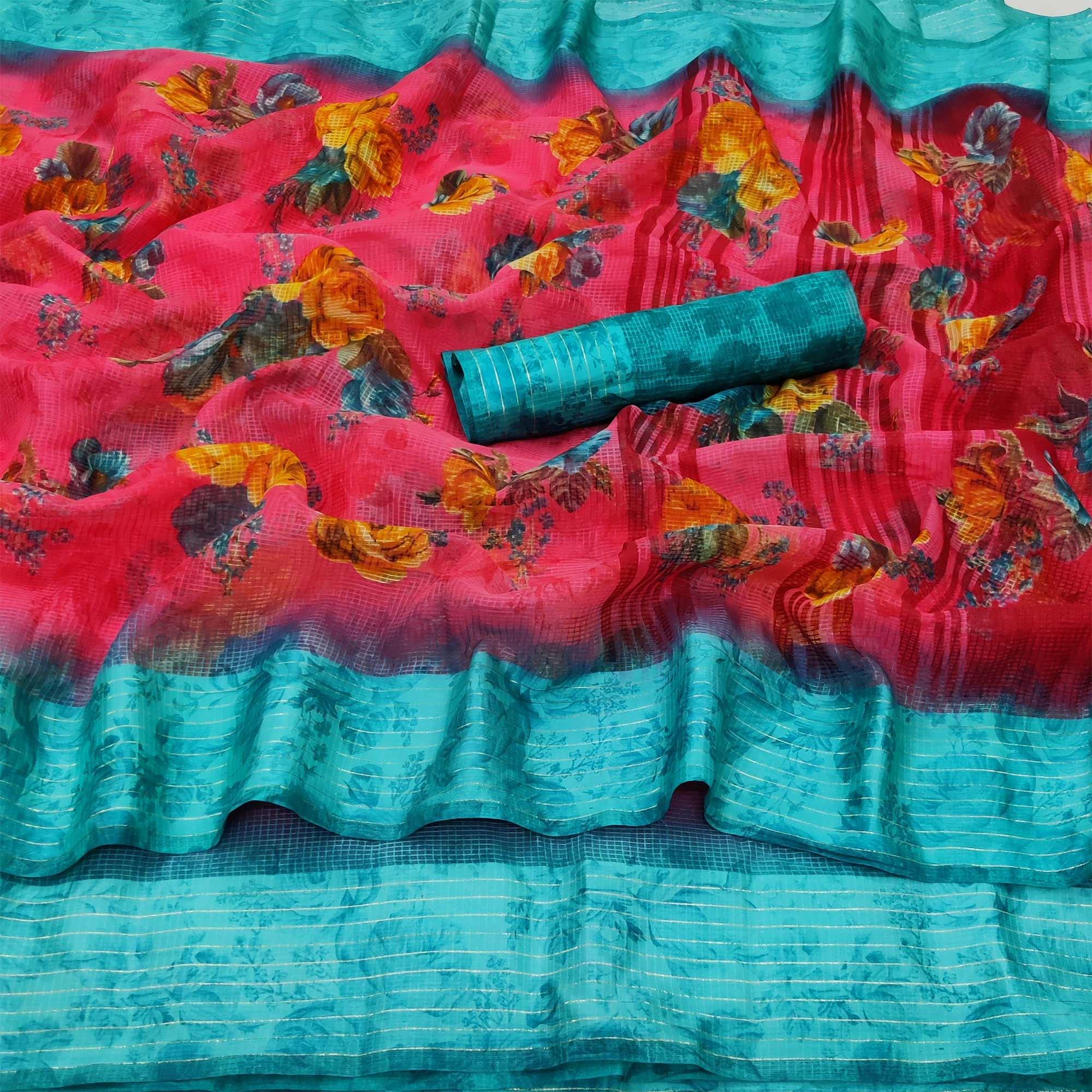 Gajri Pink Casual Wear Floral Digital Printed linen Saree - Peachmode