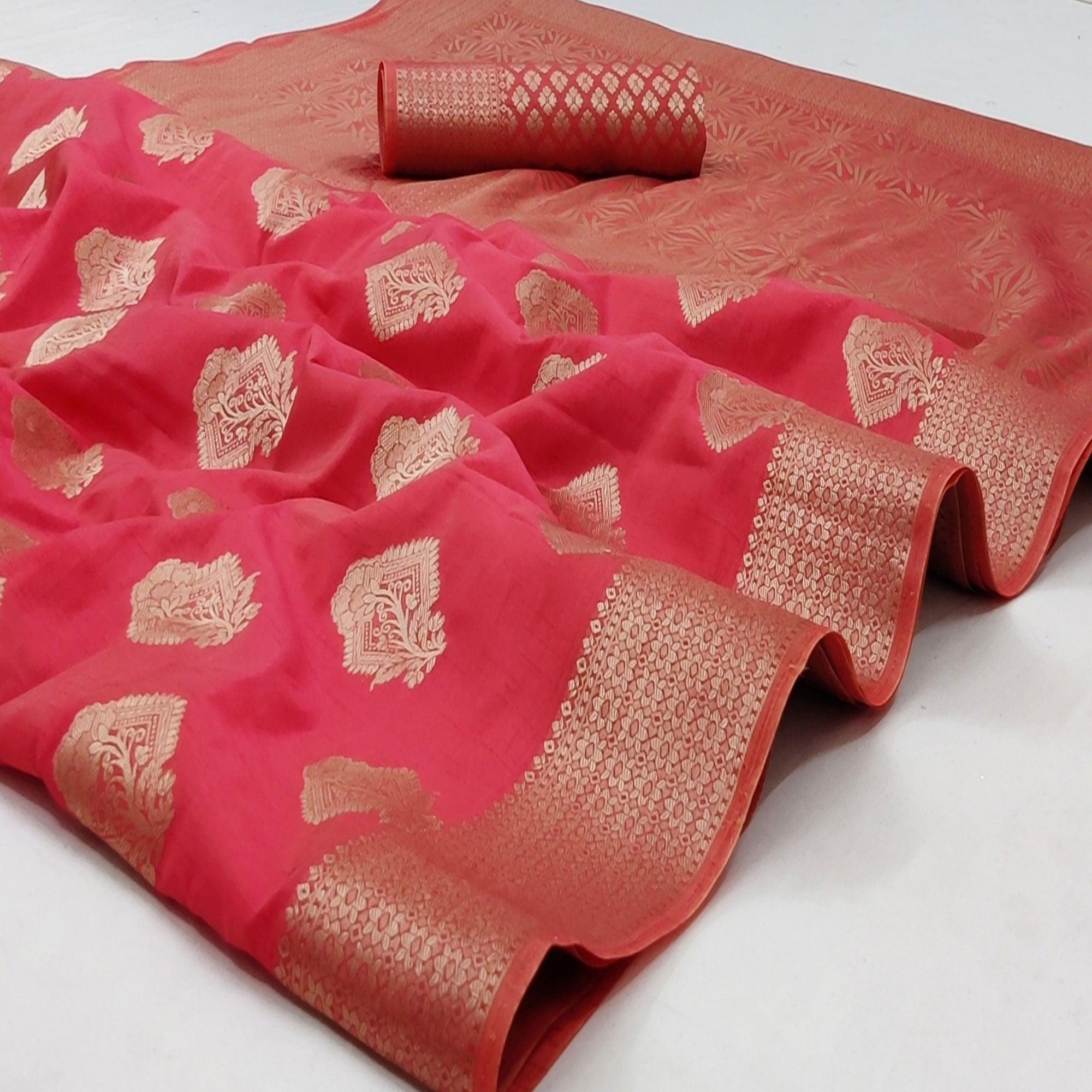 Gajri Pink Festive Wear Floral Woven Art Silk Saree - Peachmode