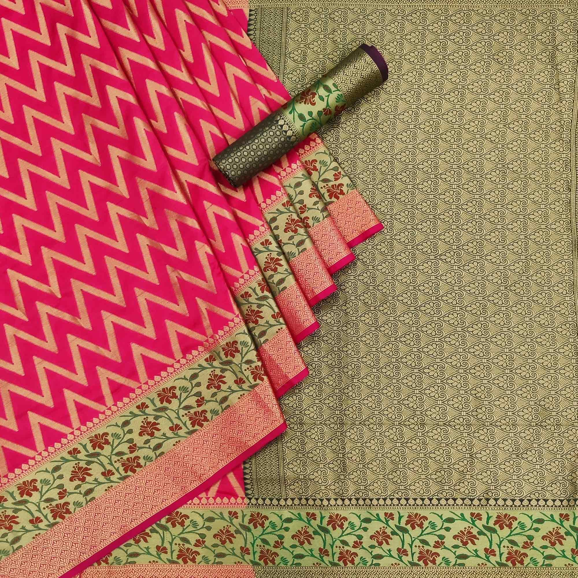 Gajri Pink Festive Wear Floral Woven Silk Saree - Peachmode