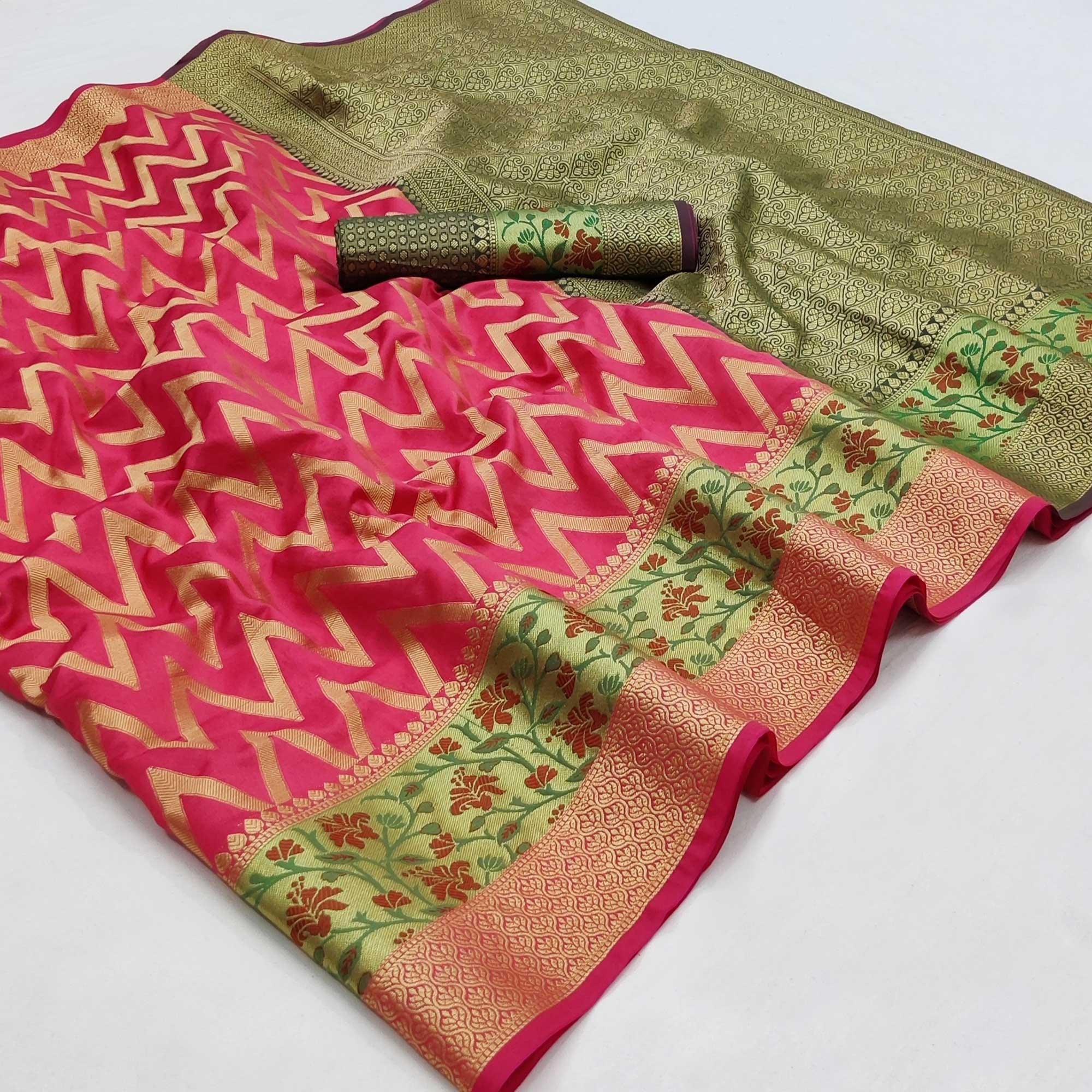 Gajri Pink Festive Wear Floral Woven Silk Saree - Peachmode