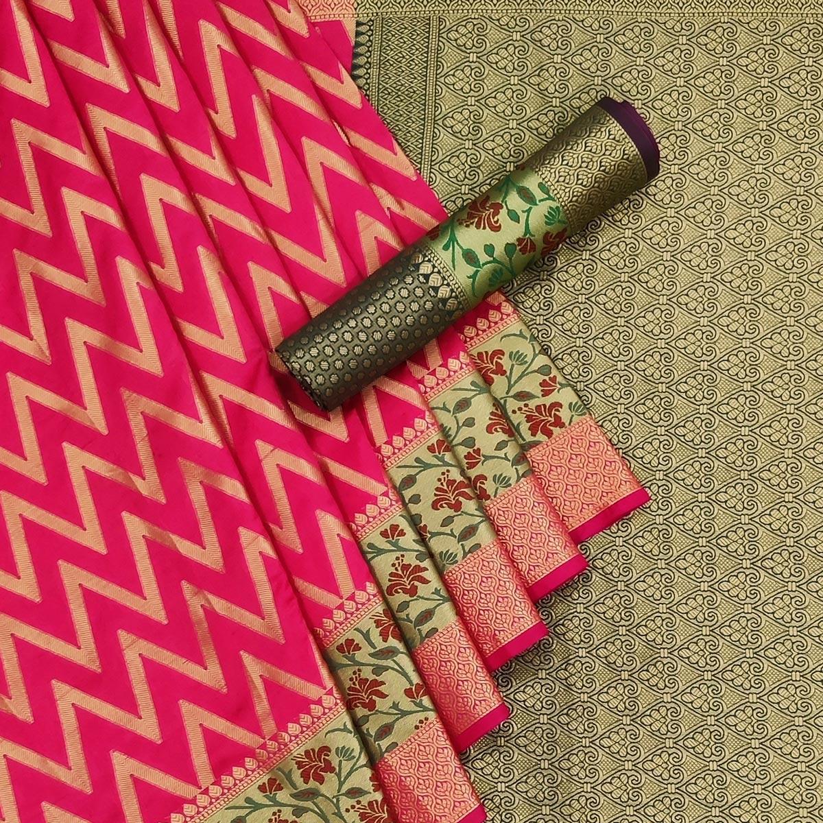 Gajri Pink Festive Wear Floral Woven Silk Saree - Peachmode