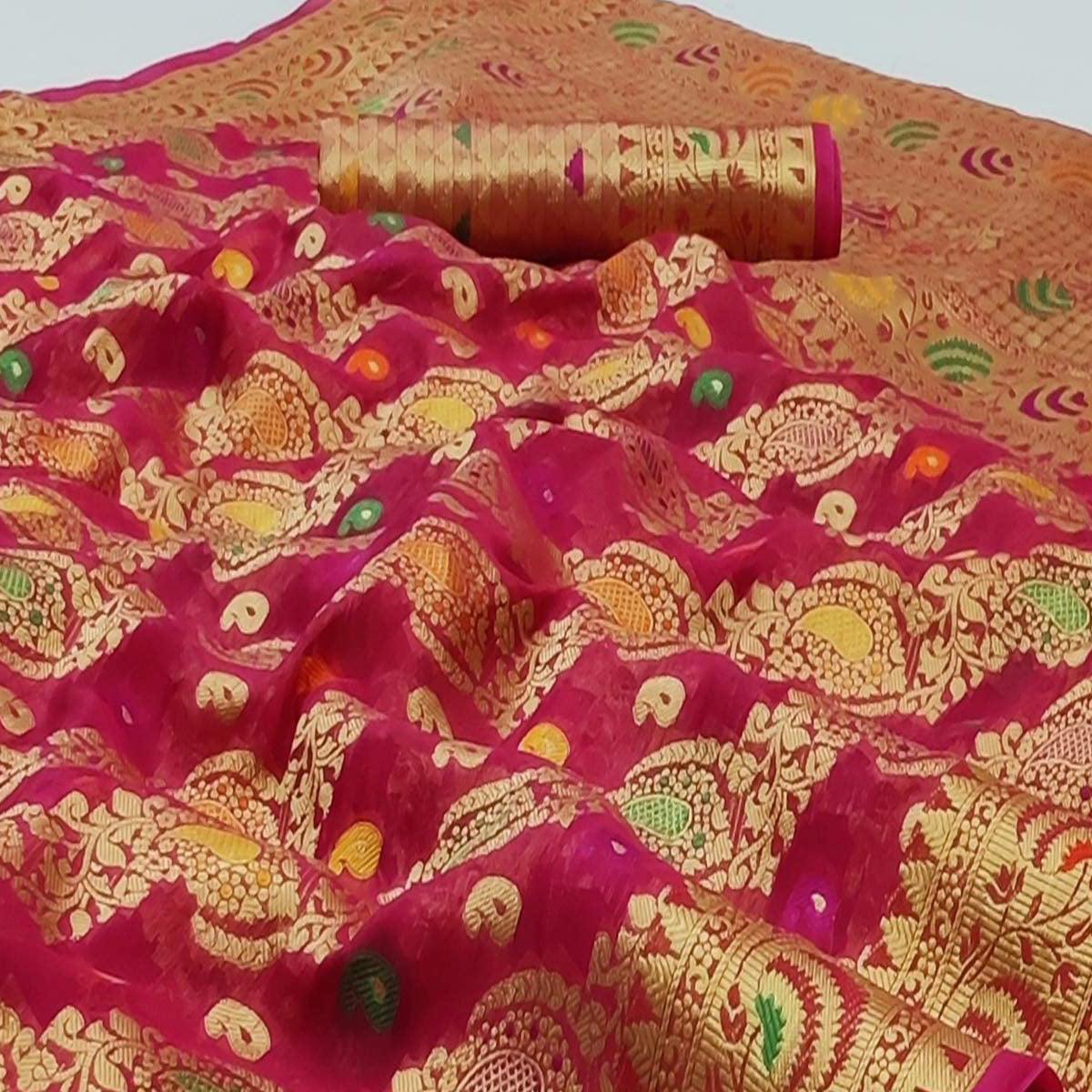 Gajri Pink Festive Wear Woven Organza Saree - Peachmode