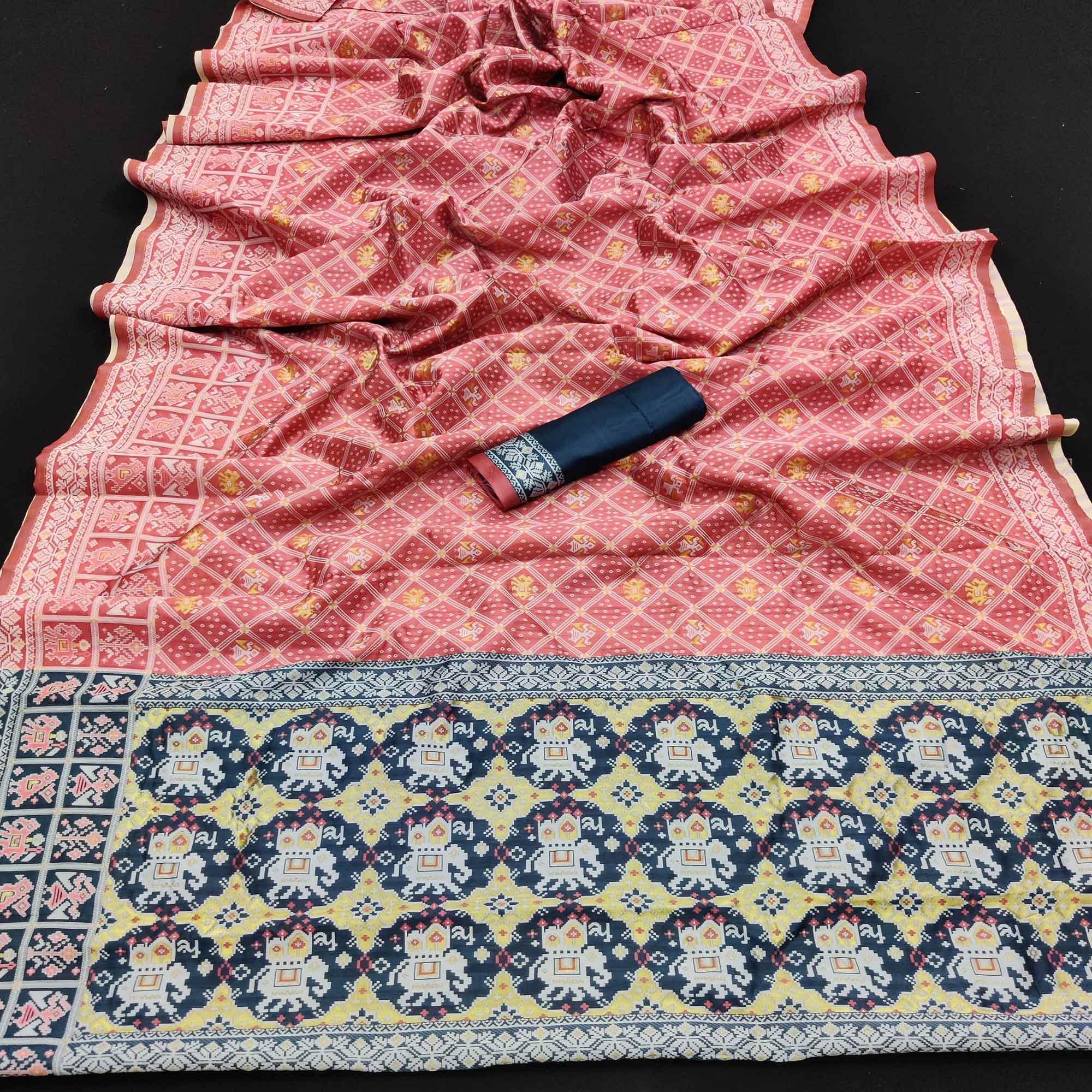 Gajri Pink Festive Wear Woven Soft Silk Patola Saree - Peachmode