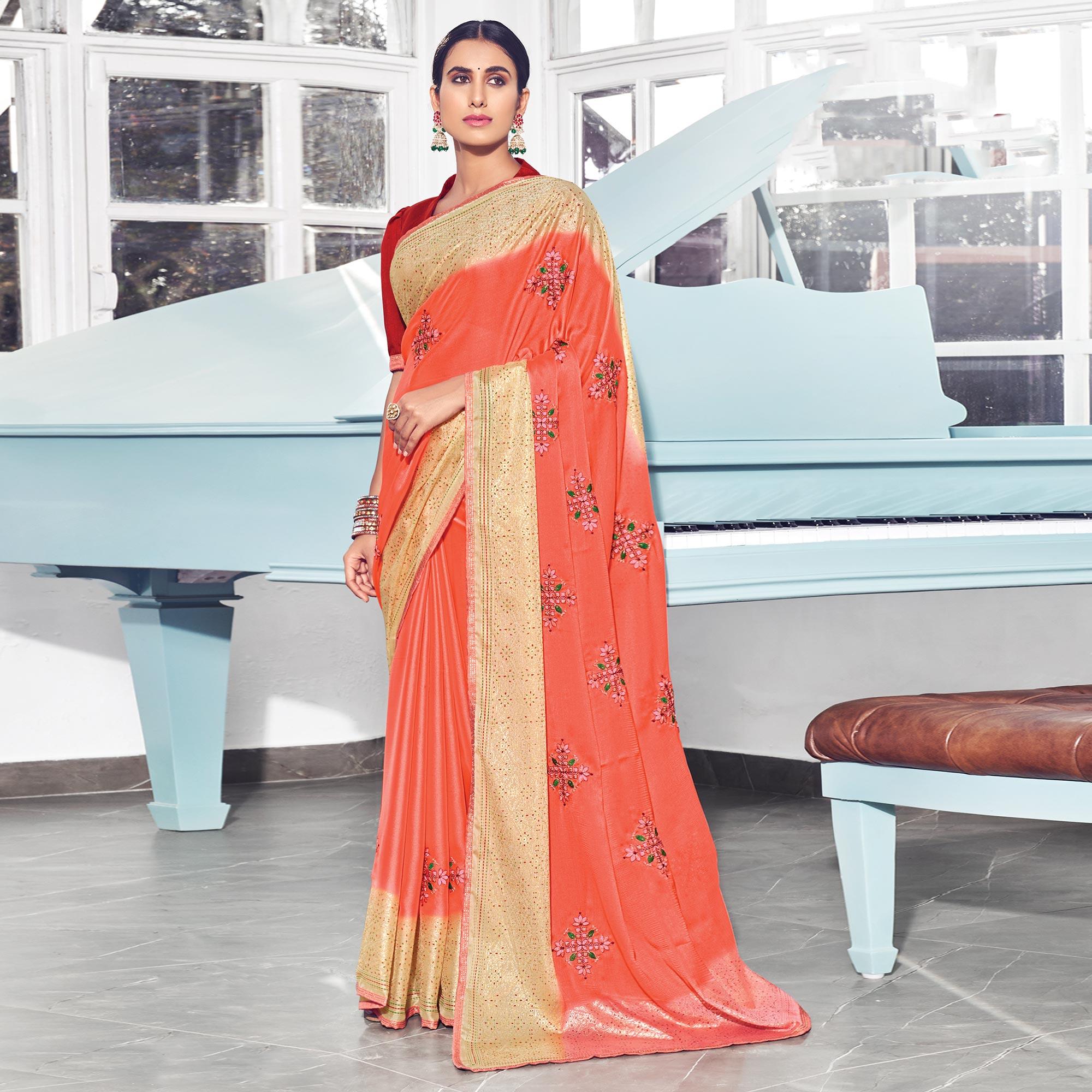 Gajri Pink Floral Embroidered Chiffon Saree - Peachmode