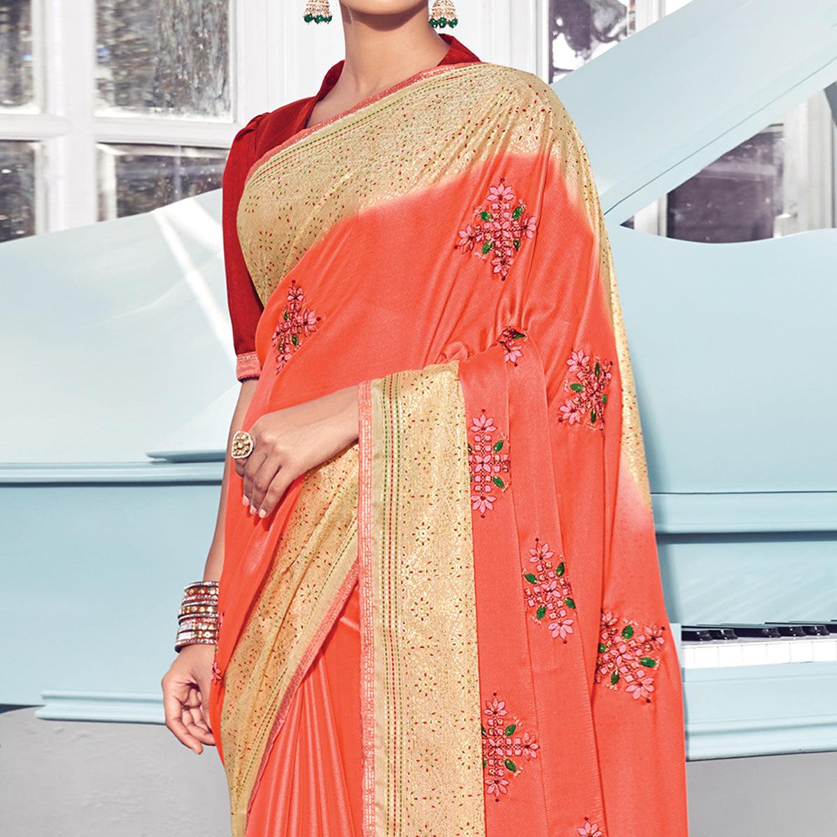 Gajri Pink Floral Embroidered Chiffon Saree - Peachmode