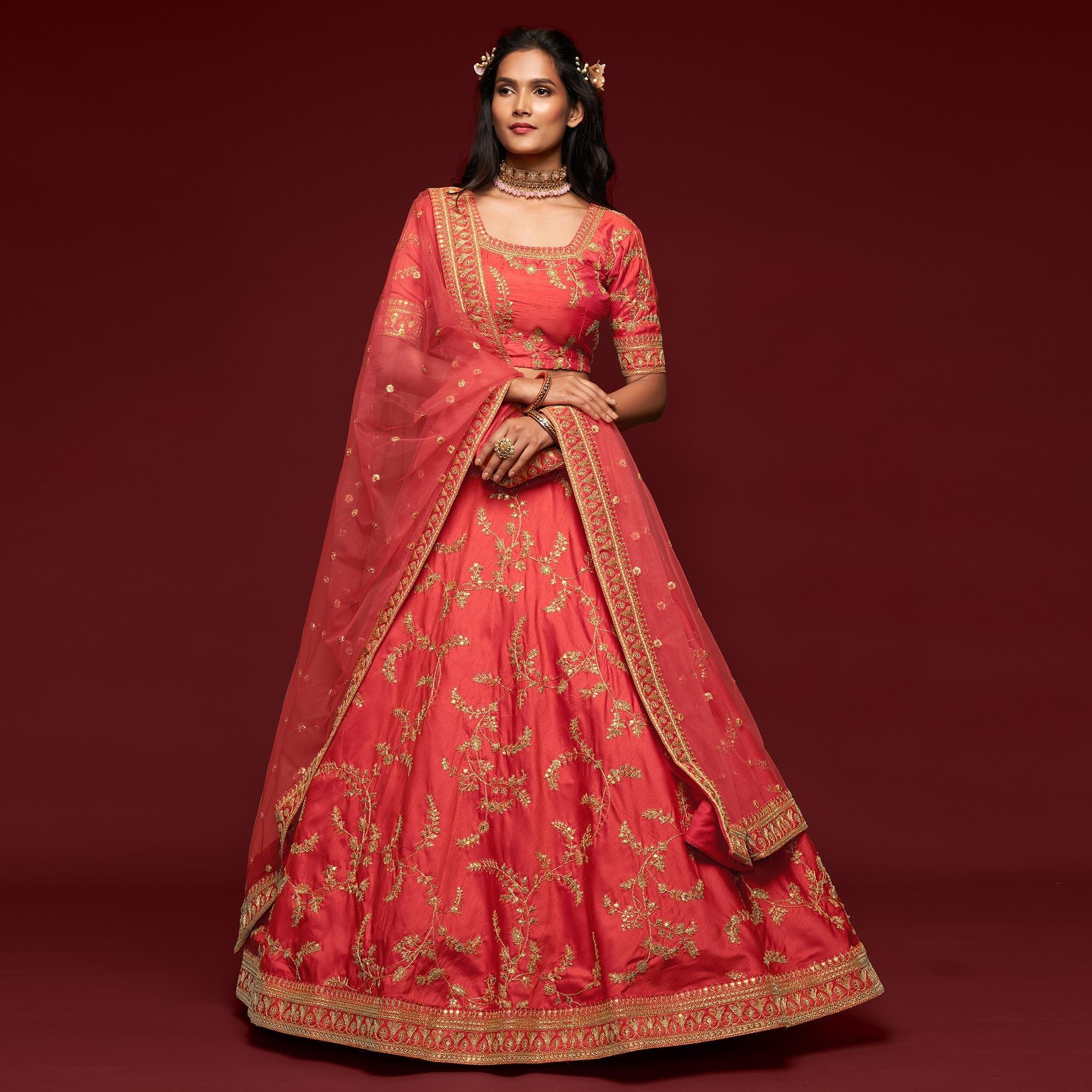 Gajri Pink Wedding Floral Sequins Embroidered Art Silk Lehenga Choli - Peachmode