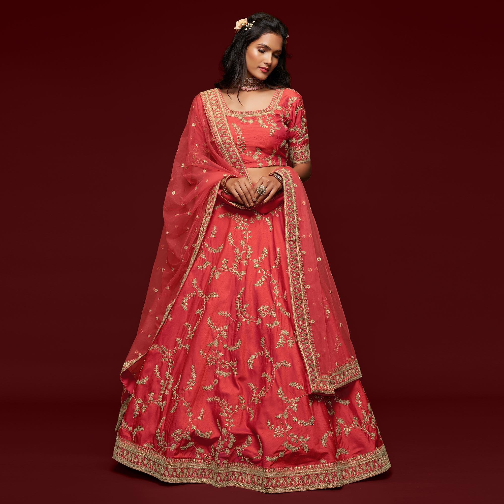 Gajri Pink Wedding Floral Sequins Embroidered Art Silk Lehenga Choli - Peachmode
