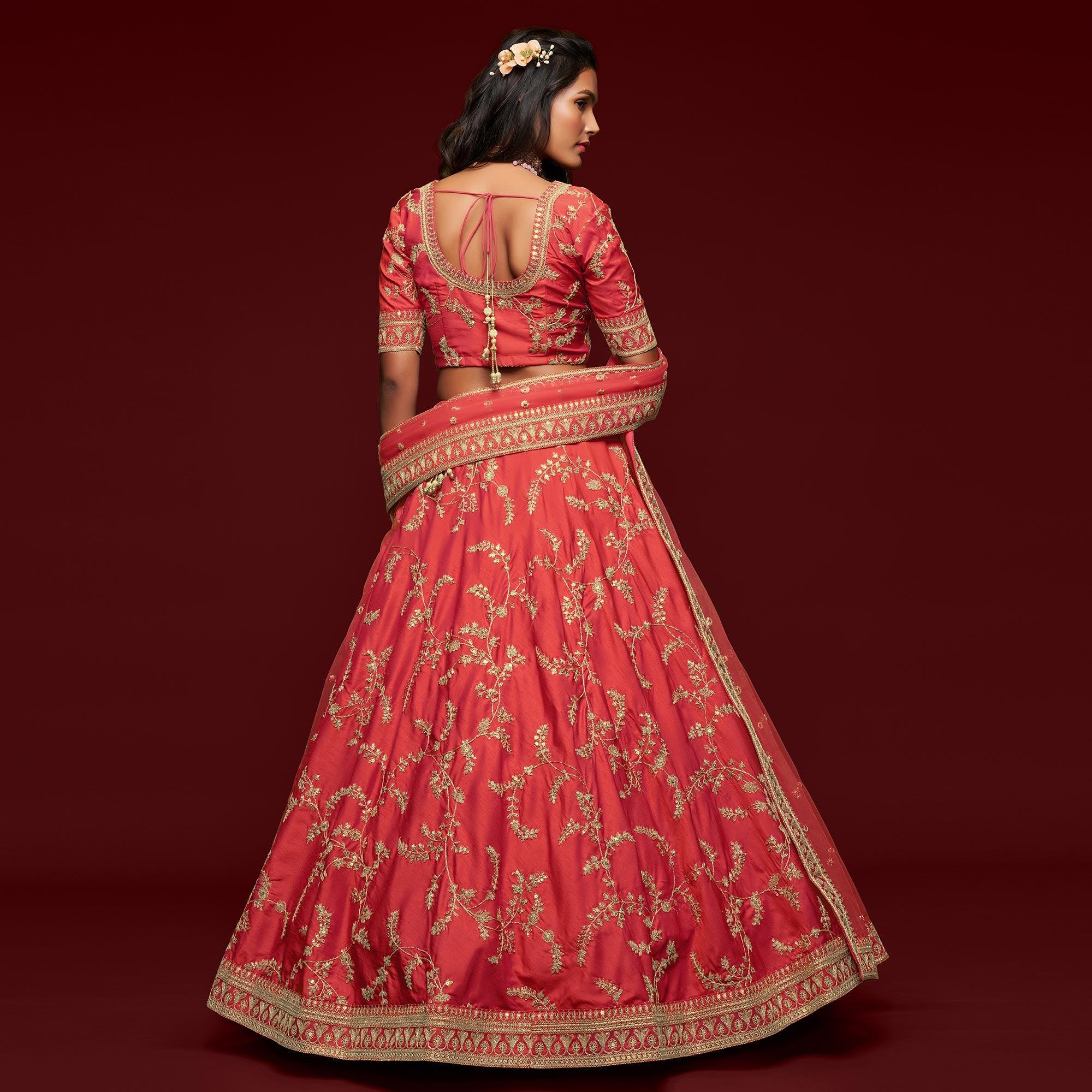 Gajri Pink Wedding Floral Sequins Embroidered Art Silk Lehenga Choli - Peachmode