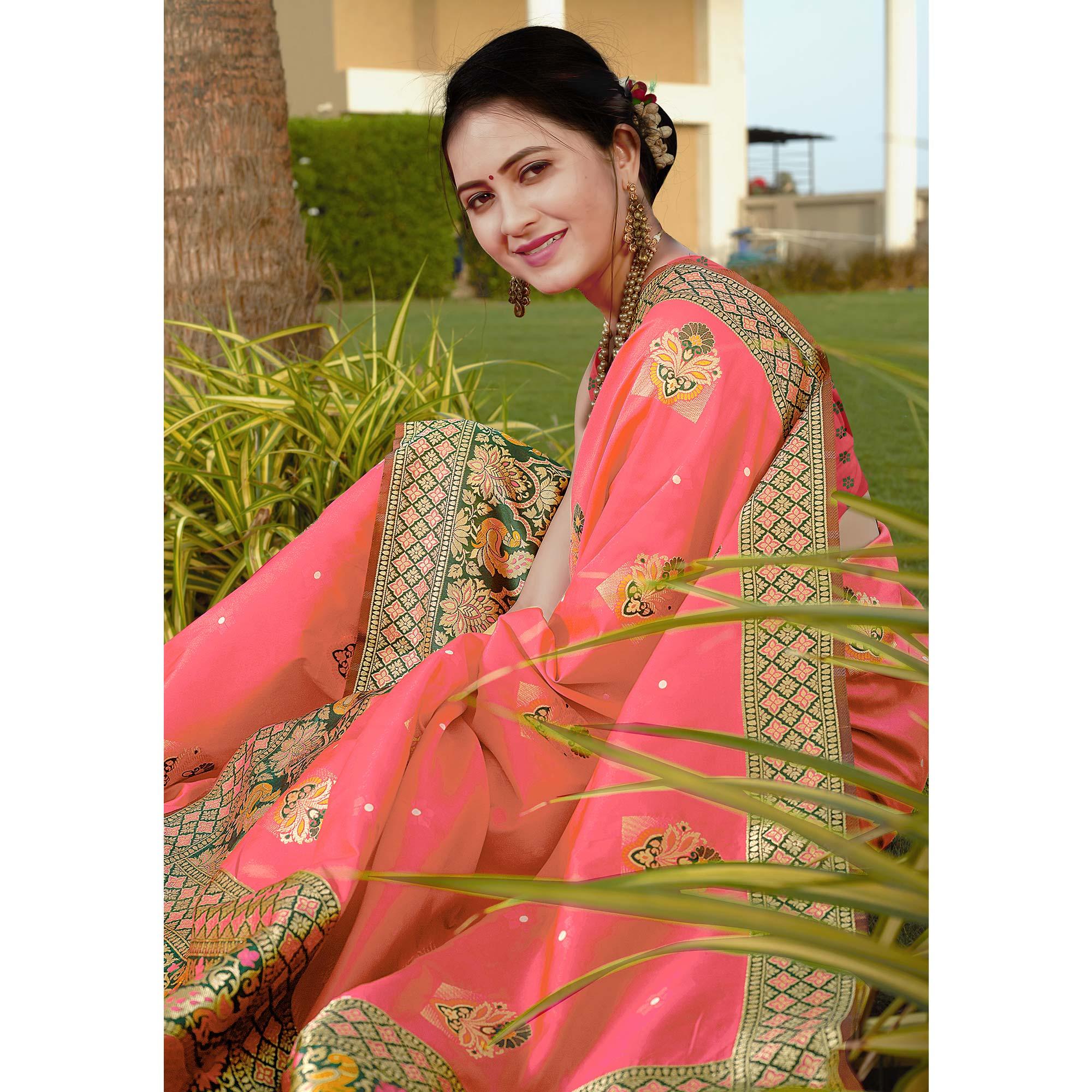 Gajri Pink Woven Banarasi Silk Saree - Peachmode
