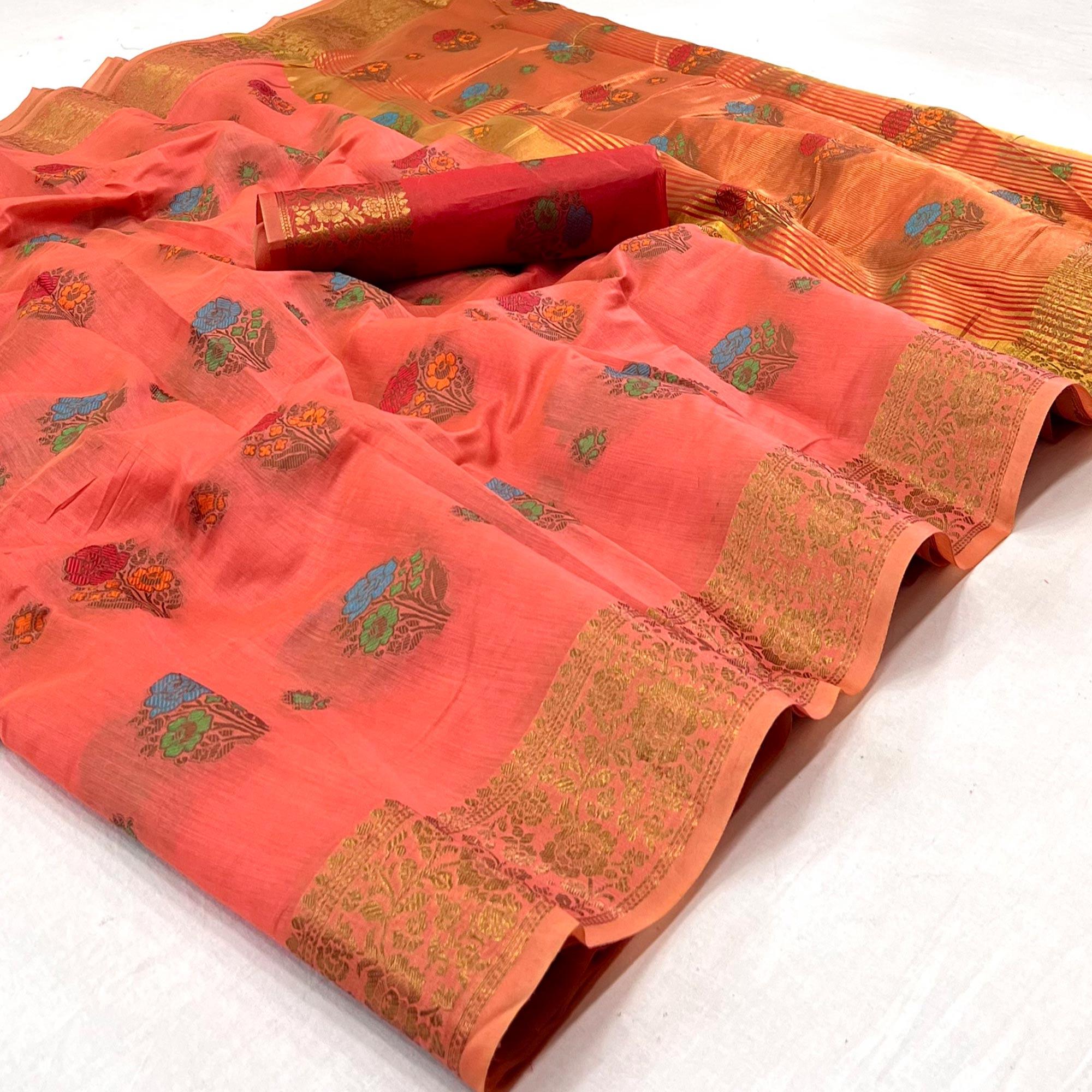 Gajri Pink Woven Poly Cotton Saree - Peachmode