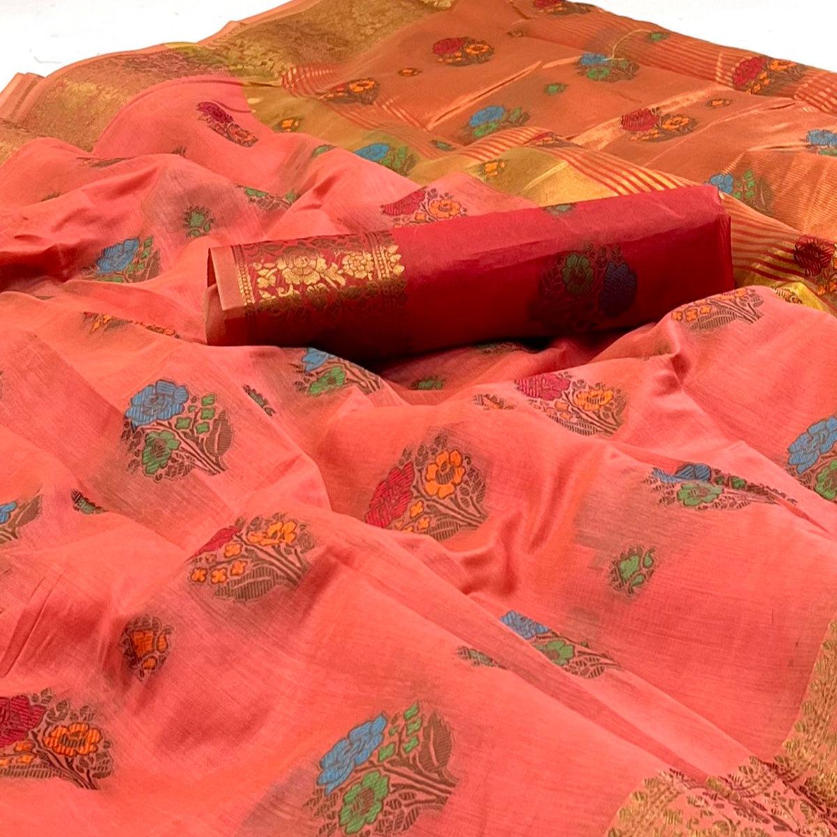 Gajri Pink Woven Poly Cotton Saree - Peachmode