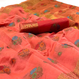 Gajri Pink Woven Poly Cotton Saree - Peachmode