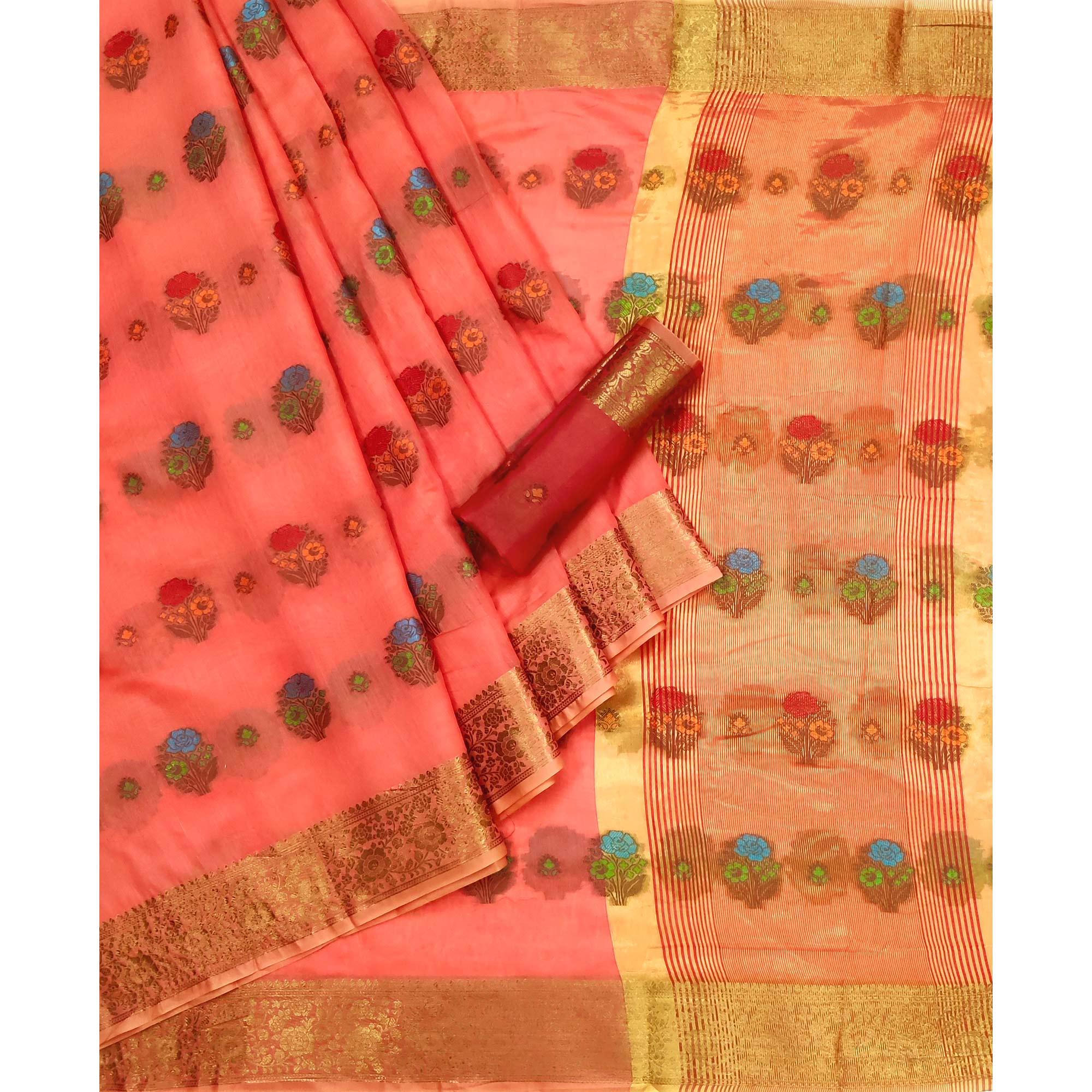 Gajri Pink Woven Poly Cotton Saree - Peachmode