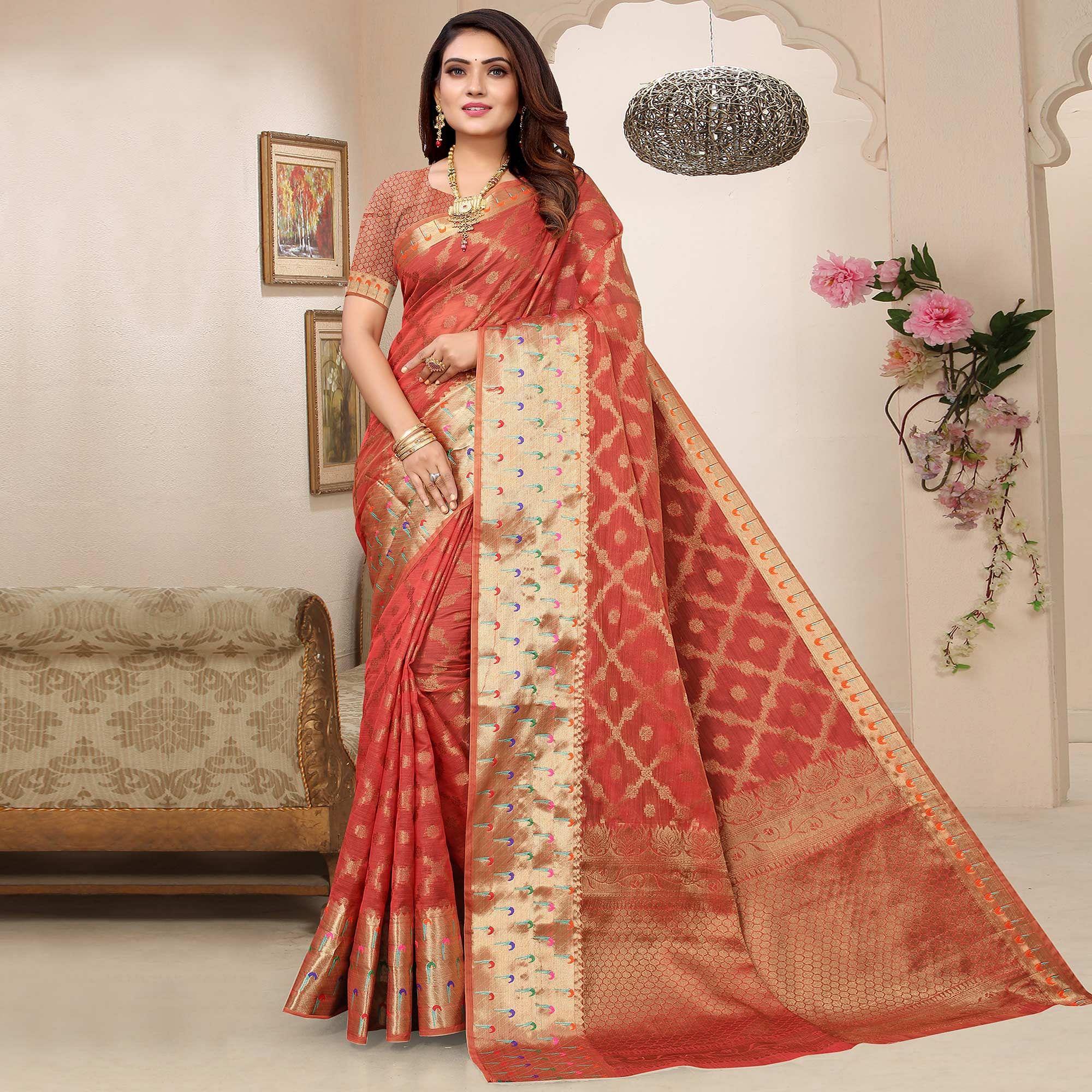Gajri Woven Organza Saree - Peachmode