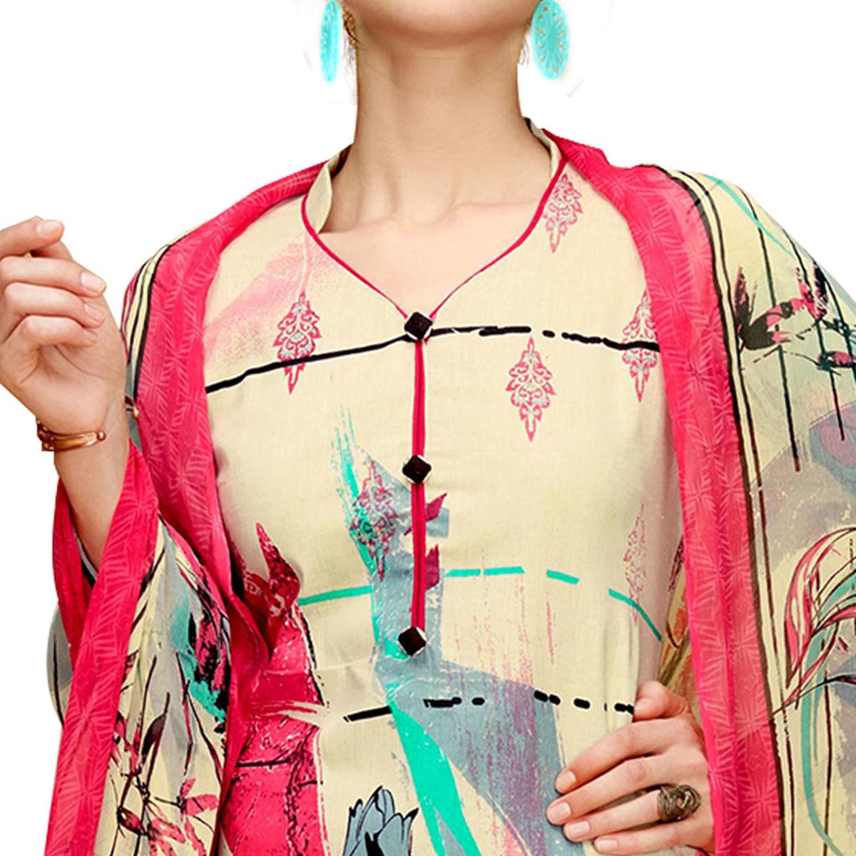 Gleaming Beige-Red Colored Casual Printed Cotton Dress Material - Peachmode
