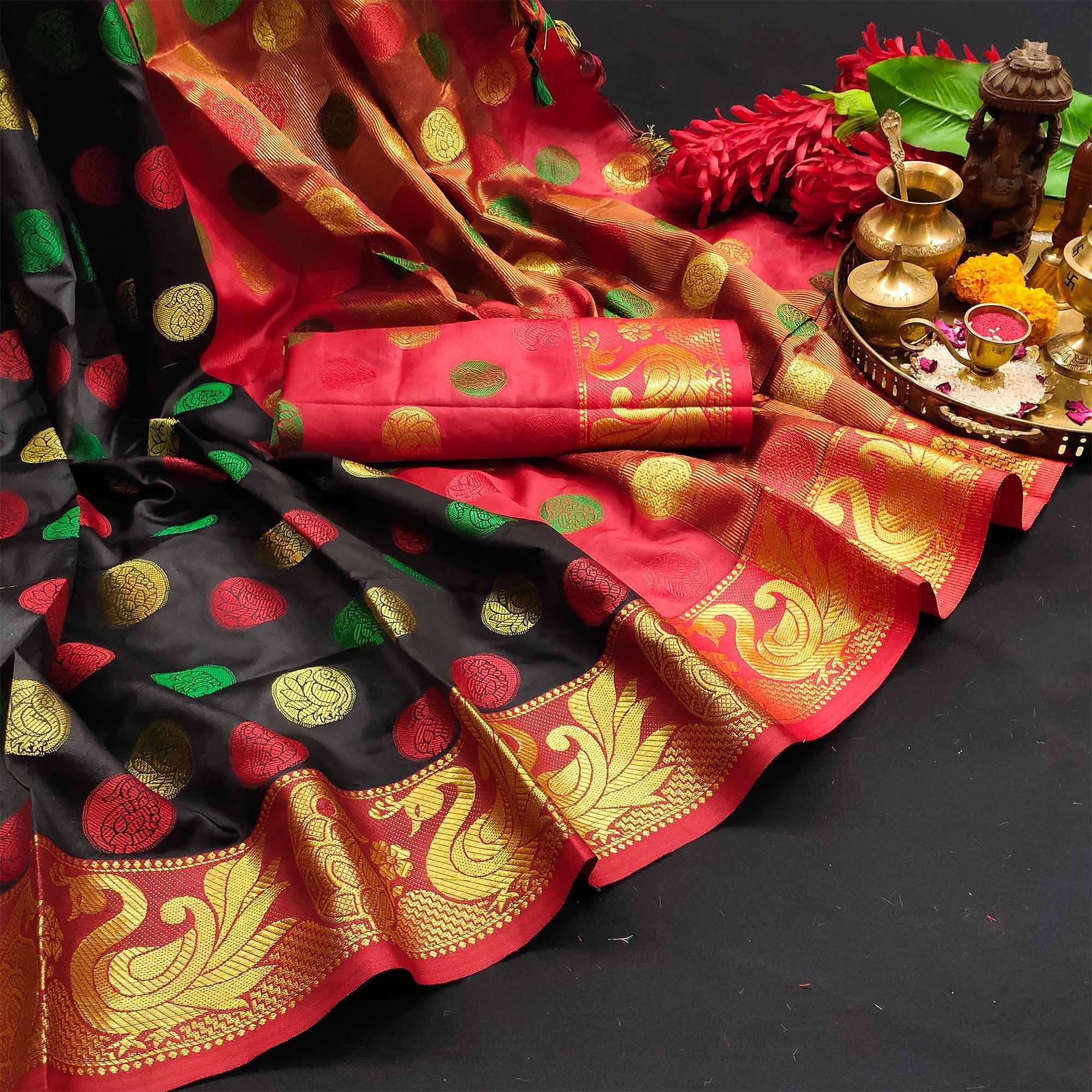 Gleaming Black Colored Festive Wear Woven Kanjivaram Silk Saree - Peachmode