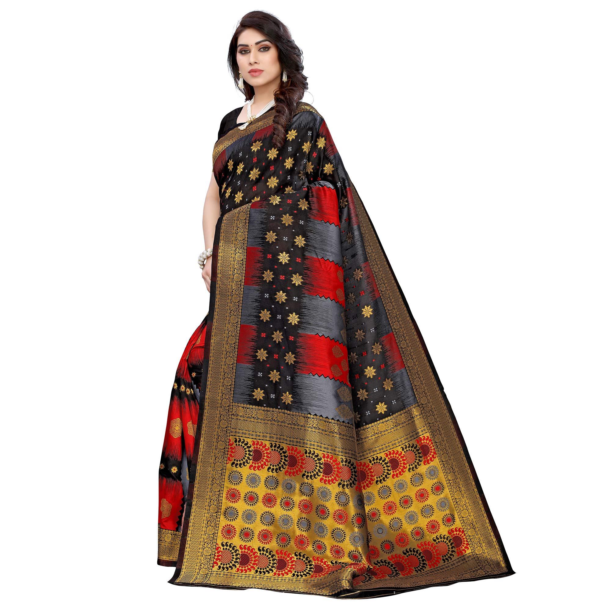 Gleaming Black - Red Colored Festive Wear Woven Jacquard Saree - Peachmode