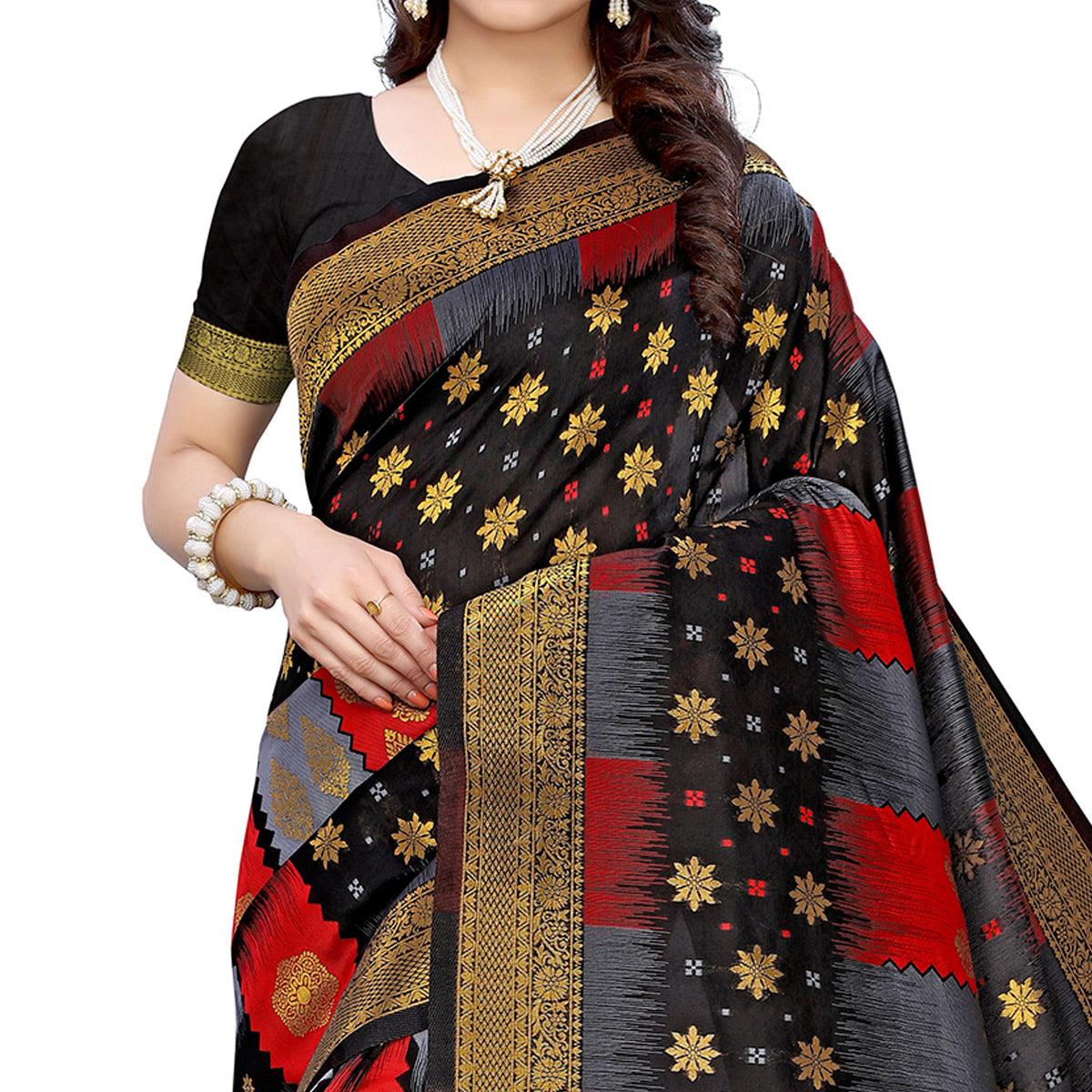Gleaming Black - Red Colored Festive Wear Woven Jacquard Saree - Peachmode