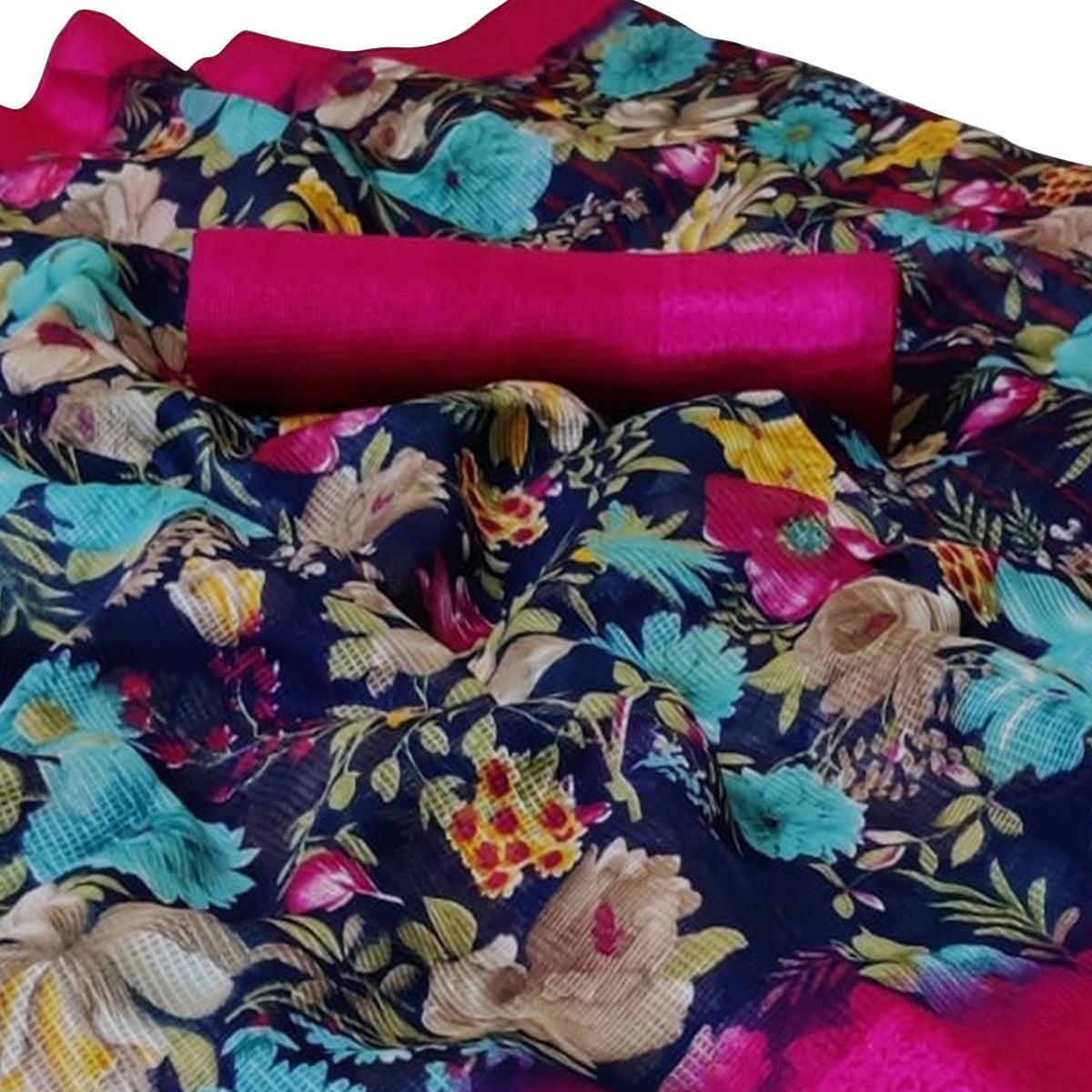 Gleaming Blue Colored Casual Wear Floral Printed Silk Saree - Peachmode