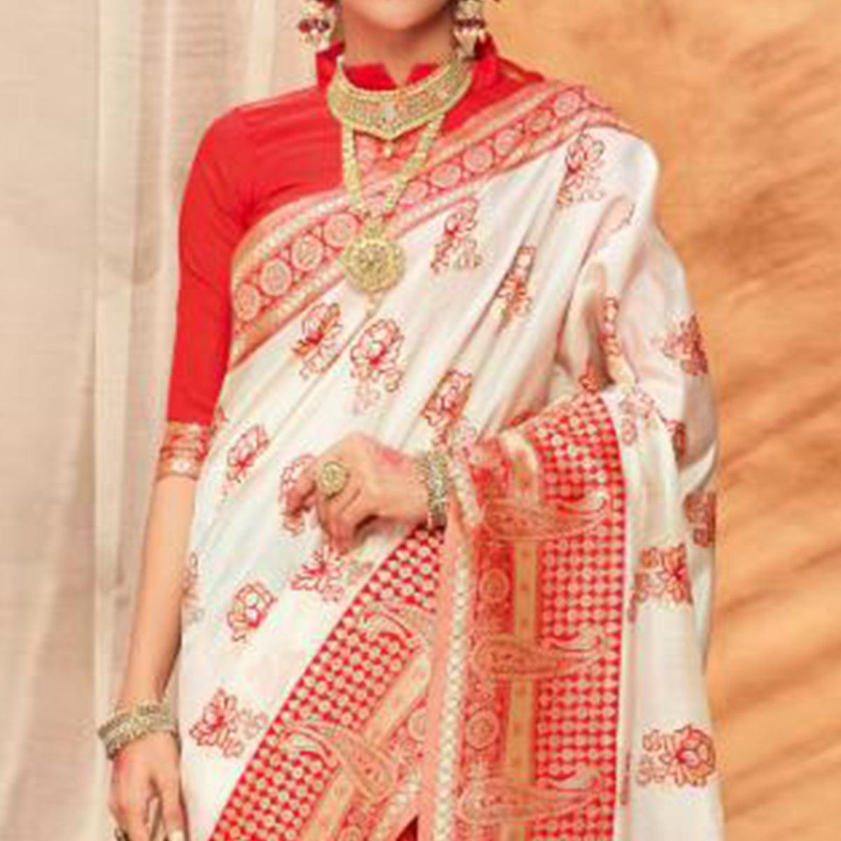 Gleaming Cream & Red Colored Festive Wear Woven Silk Blend Saree With Tassels - Peachmode