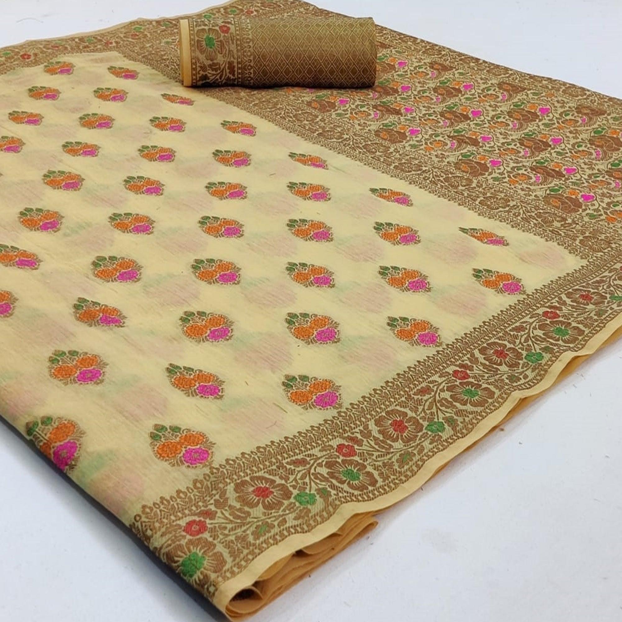 Gleaming Cream Colored Festive Wear Woven Cotton Saree - Peachmode