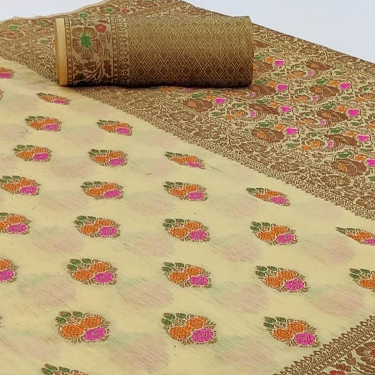 Gleaming Cream Colored Festive Wear Woven Cotton Saree - Peachmode
