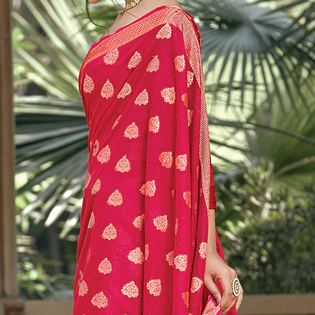 Gleaming Dark Pink Colored Festive Wear Woven Handloom Cotton Saree - Peachmode